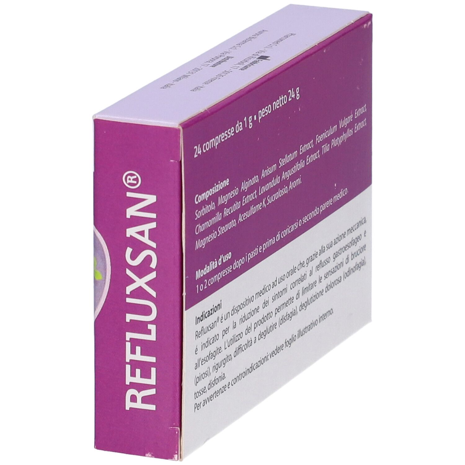 Scatola Refluxsan®. 24 compresse masticabili. Illustrazione stomaco. Aurora Biofarma.