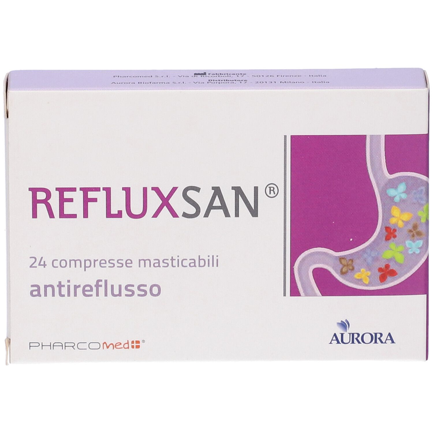 Scatola Refluxsan®. 24 compresse masticabili. Illustrazione stomaco. Aurora Biofarma.