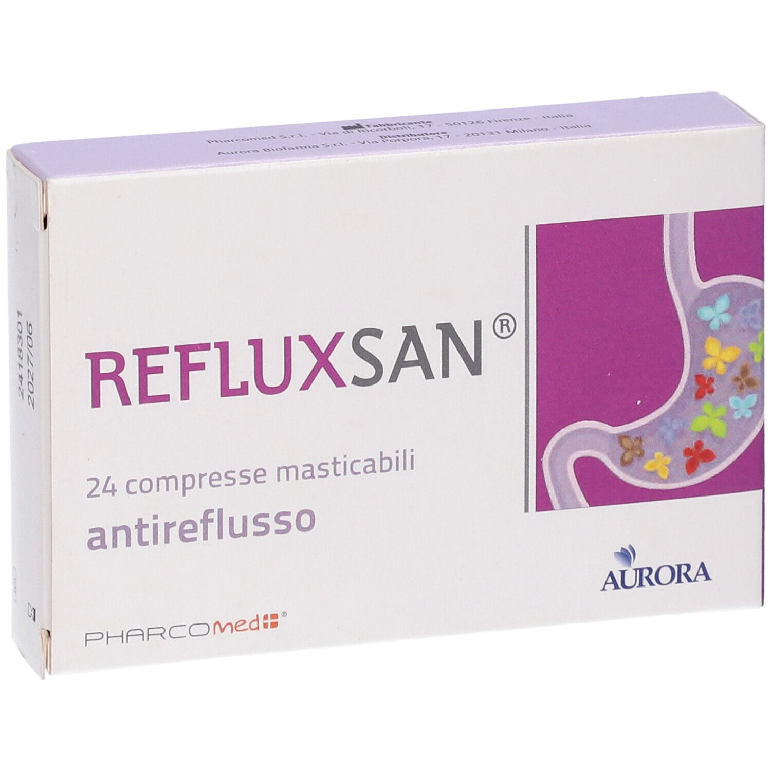 Scatola Refluxsan®. 24 compresse masticabili. Illustrazione stomaco. Aurora Biofarma.
