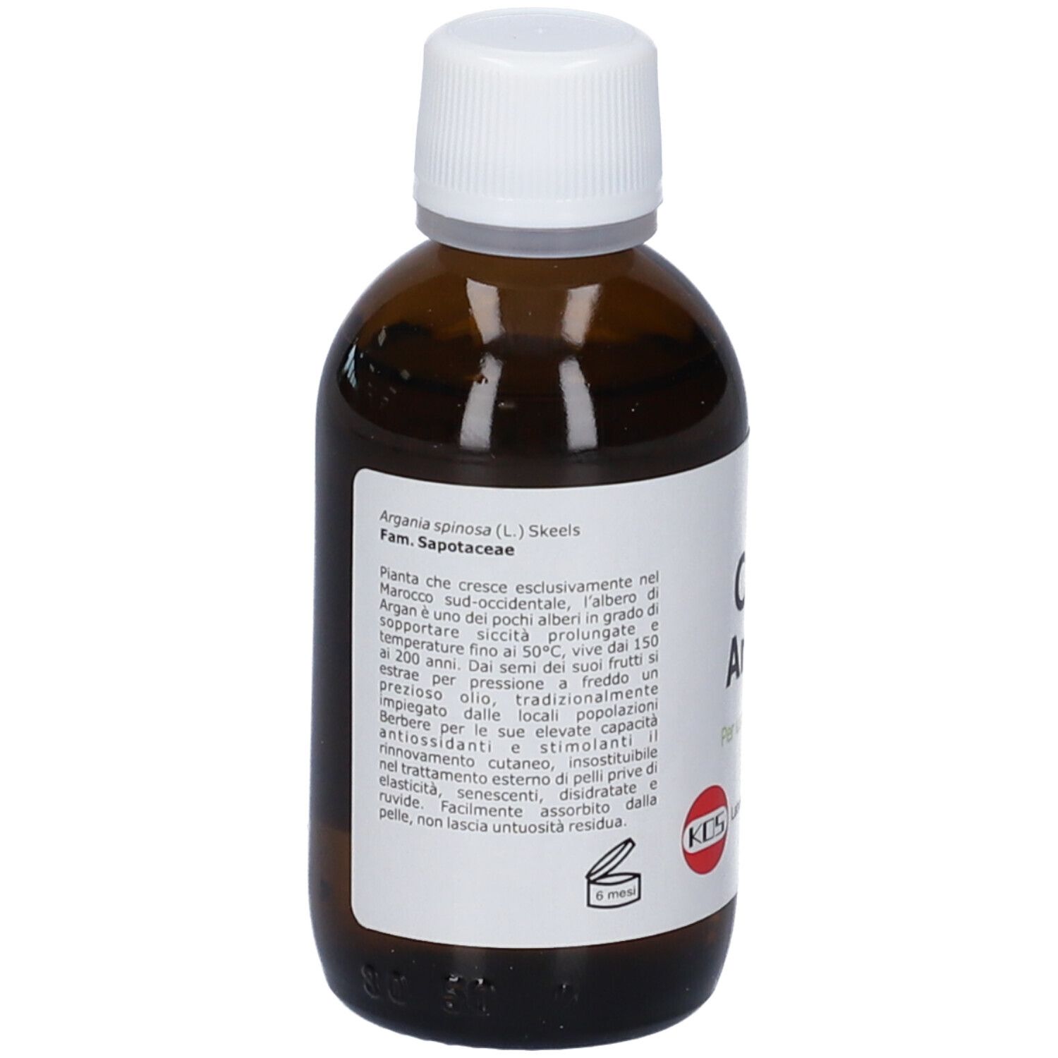 Retro di un flacone di olio di Argan. Etichetta con informazioni botaniche su Argania Spinosa e logo KOS.