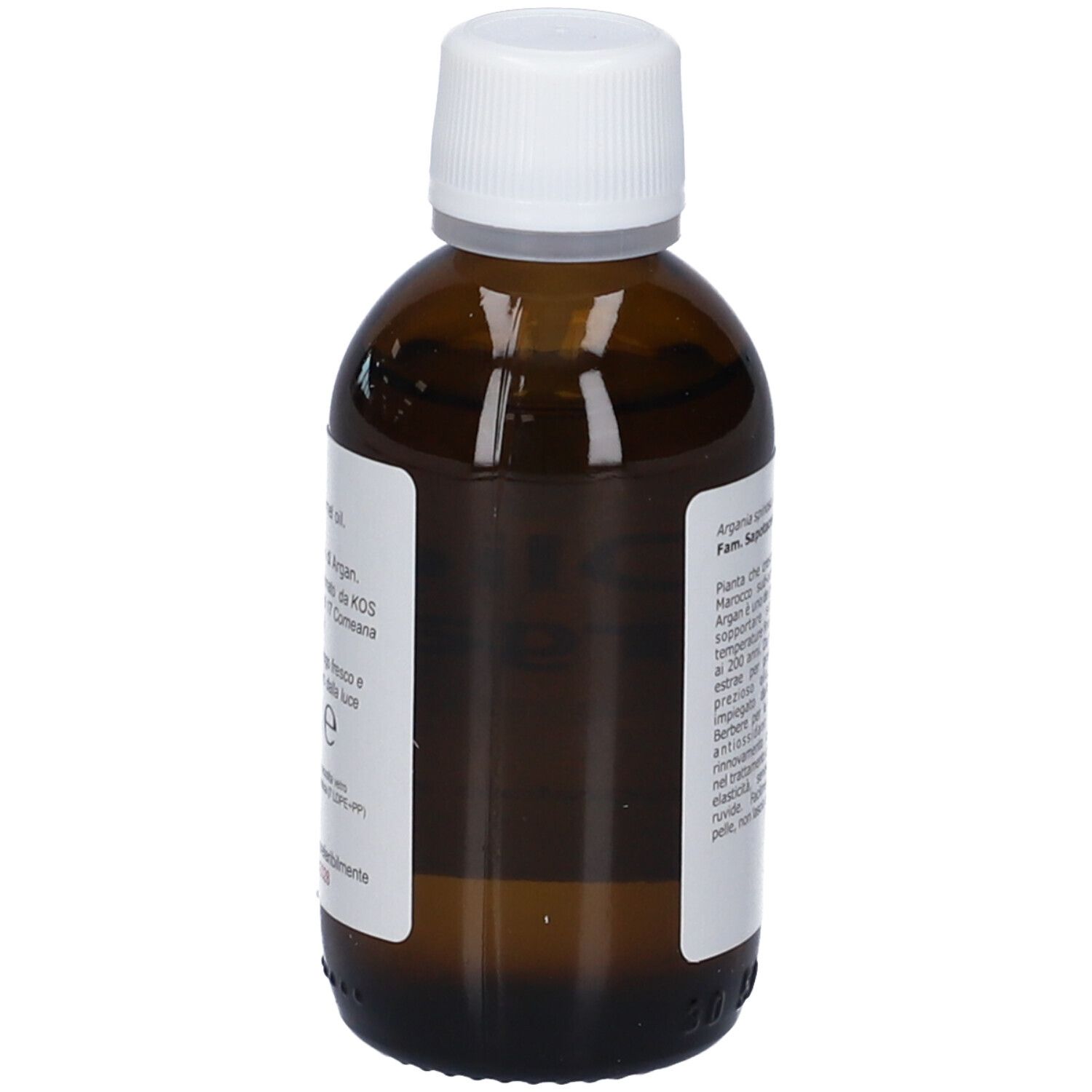 Vista laterale di un flacone di olio di Argan. Vetro ambrato con tappo bianco ed etichetta.