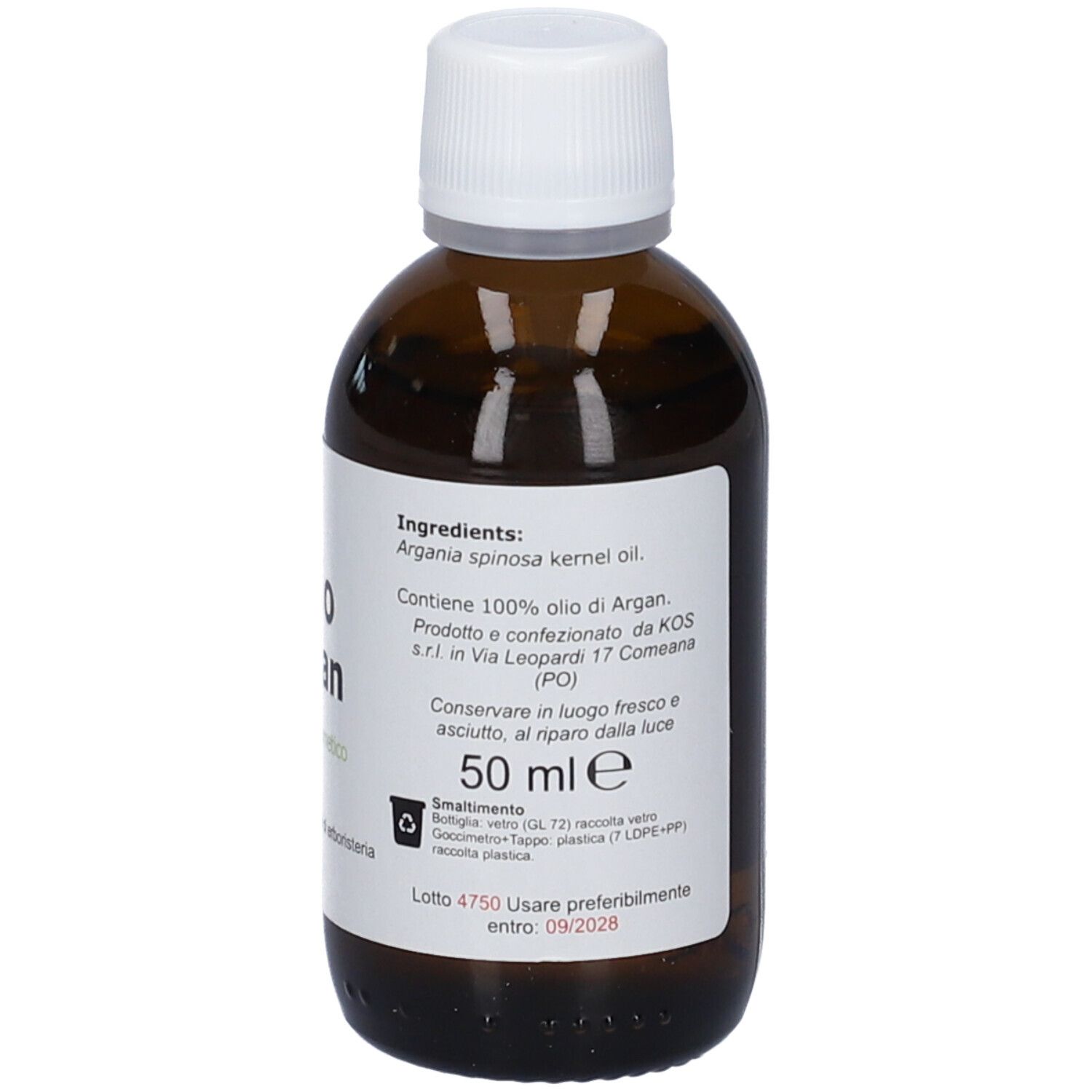 Flacone di olio di Argan con etichetta indicante "50 ml e" e ingredienti. Include informazioni sullo smaltimento.