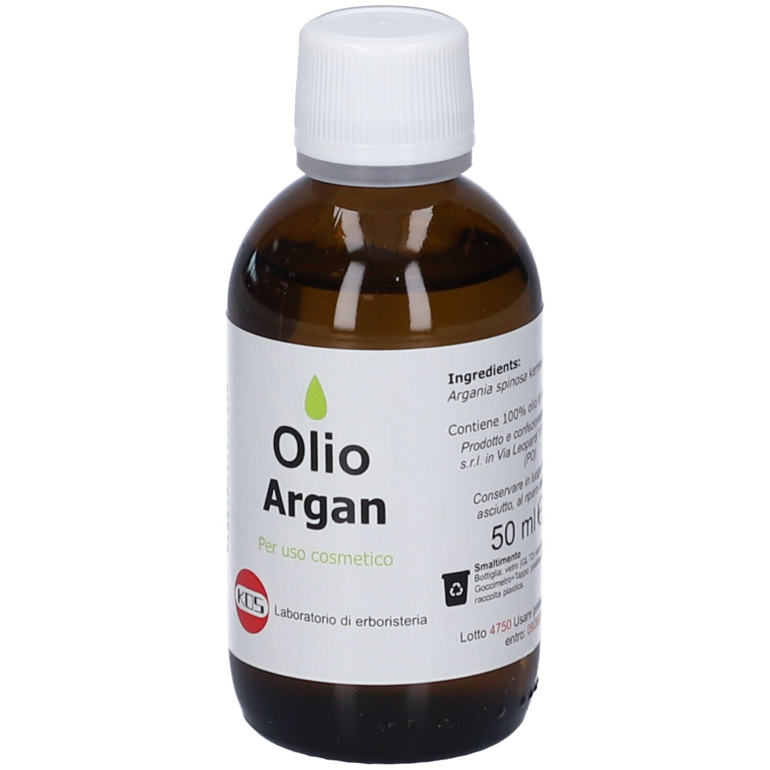 Flacone di olio di Argan con etichetta indicante "50 ml e" e ingredienti. Include informazioni sullo smaltimento.