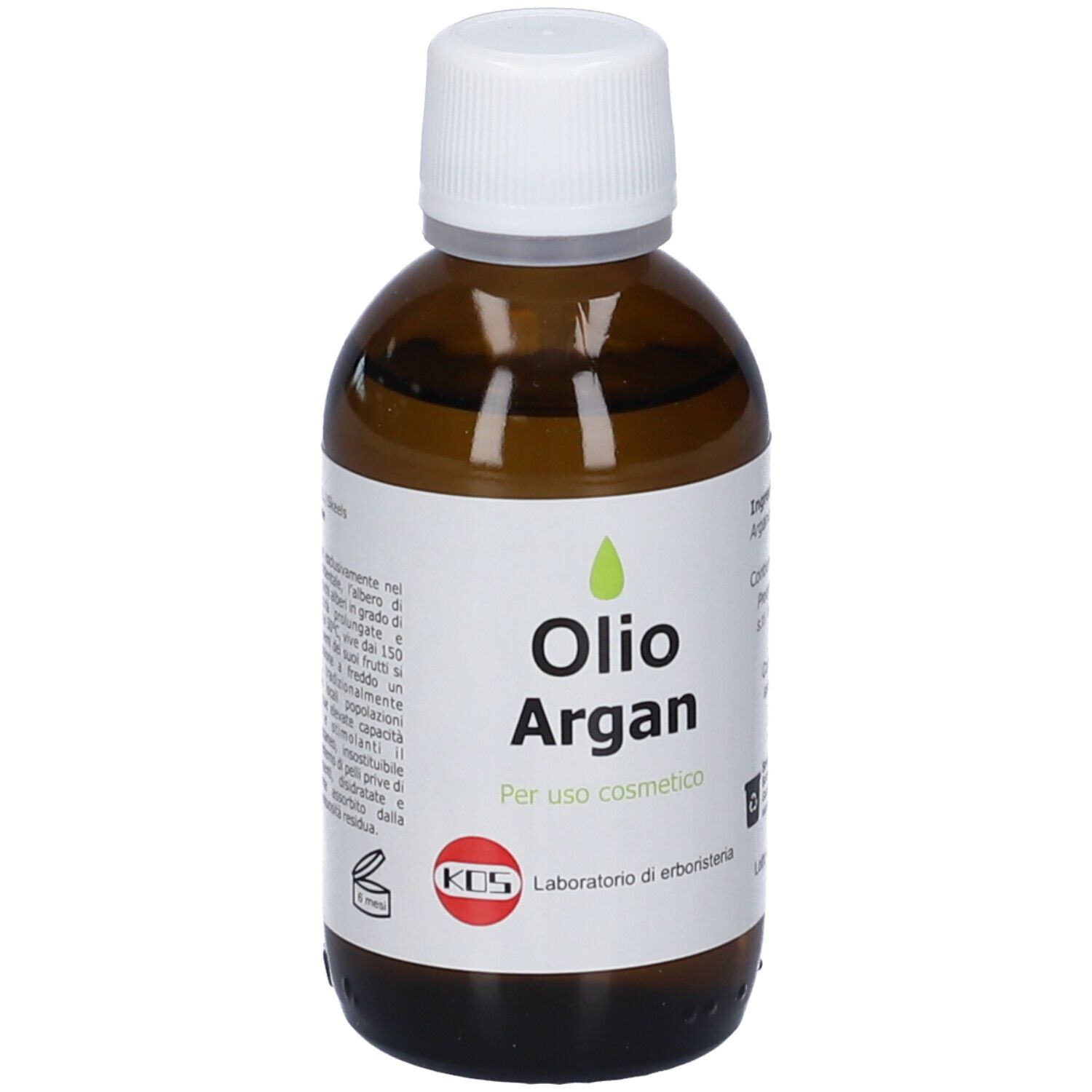 Flacone di olio di Argan con etichetta indicante "50 ml e" e ingredienti. Include informazioni sullo smaltimento.