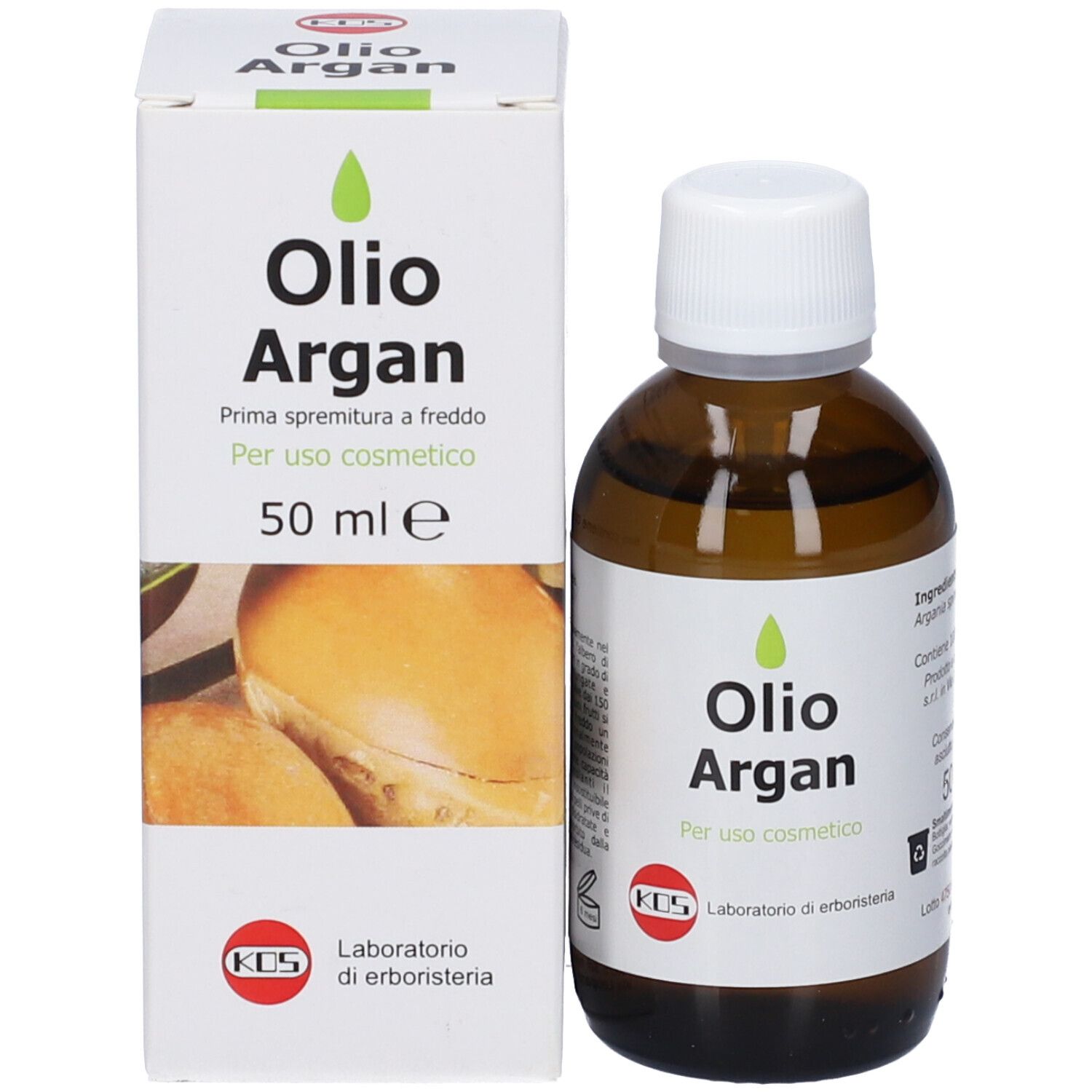 Flacone di olio di Argan e la sua scatola. Entrambi etichettati "Olio Argan" e logo KOS.