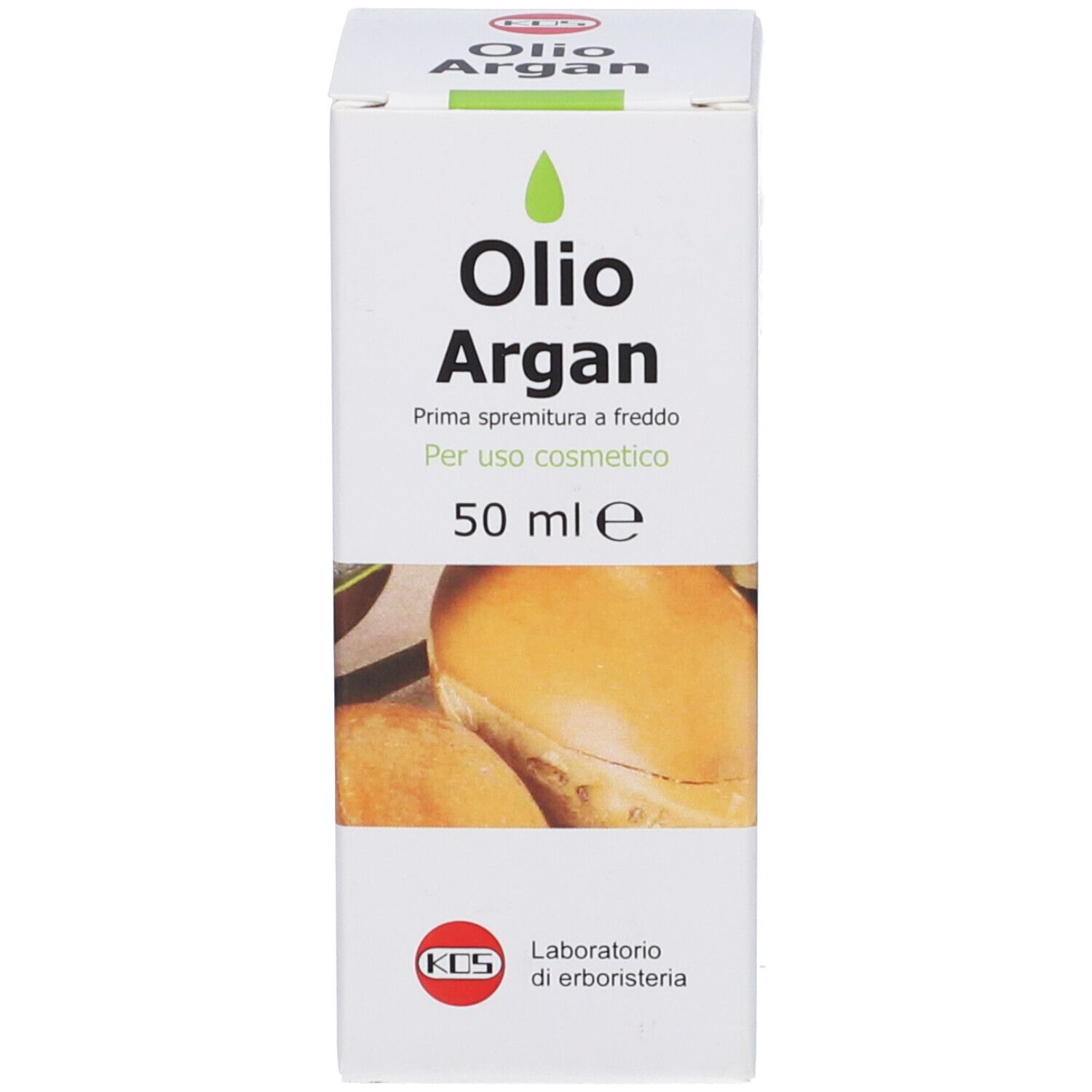 Scatola per olio di Argan. Fronte con "Olio Argan", "50 ml e" e immagine di frutti di argan.