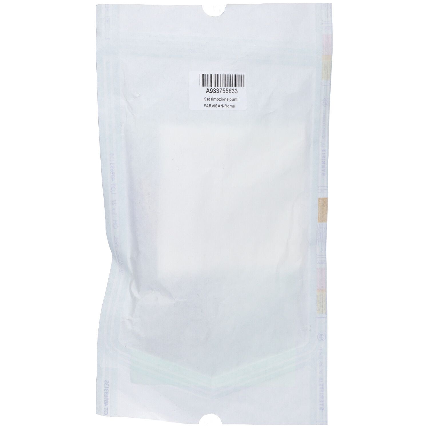 Retro della confezione Set Rimozione Punti Sutura. Codice a barre e informazioni prodotto su sfondo bianco.