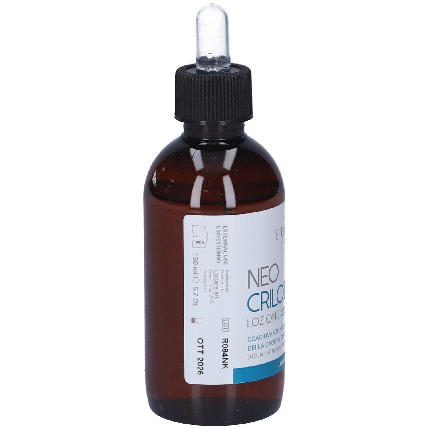 Flacone di vetro marrone con tappo nero e pipetta. Etichetta con nome del prodotto, volume e linea blu. Marchio: Eucare.