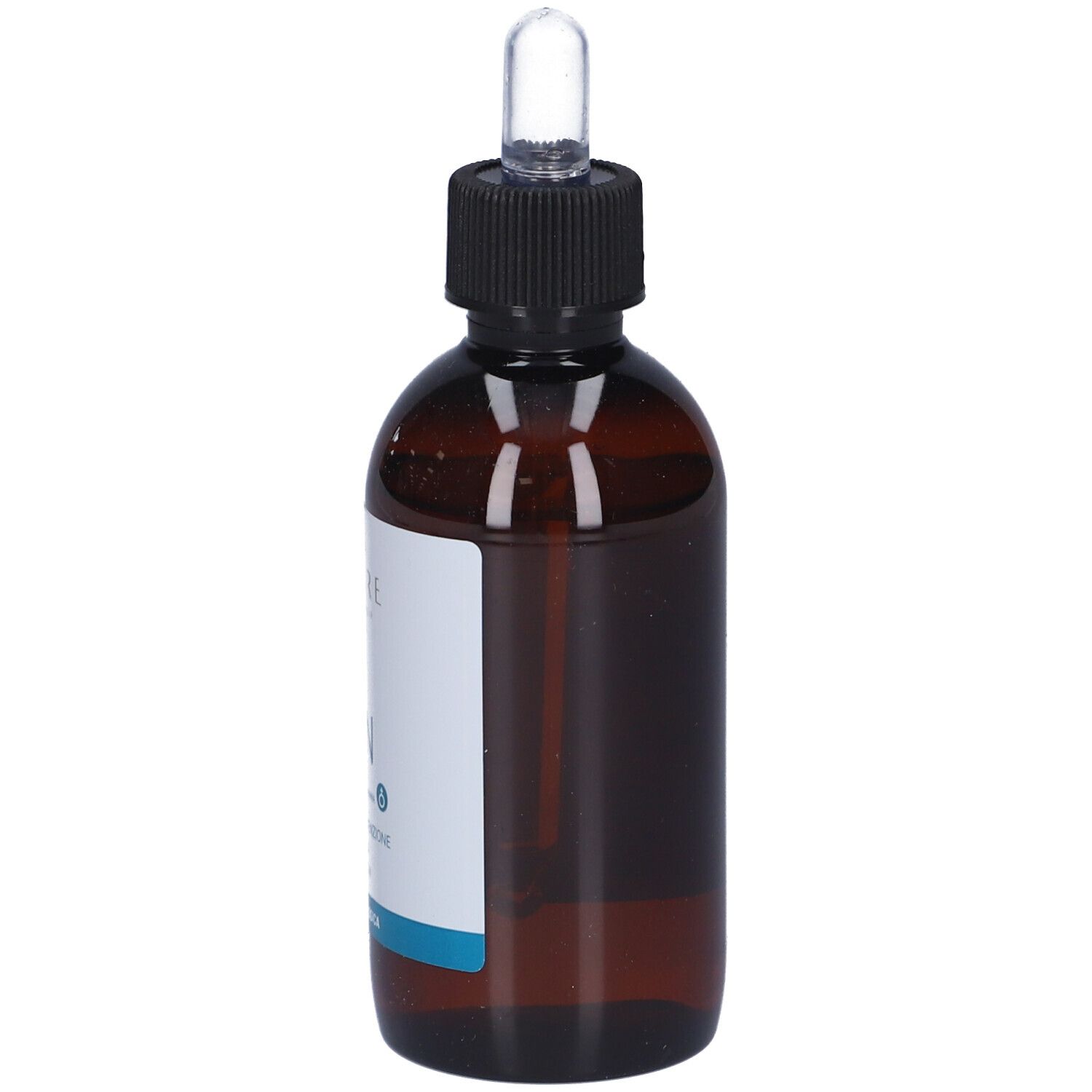 Flacone di vetro marrone con tappo nero e pipetta. Etichetta parzialmente visibile. Marchio: Eucare.