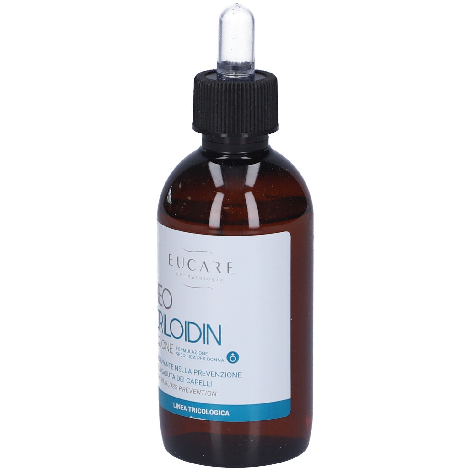 Flacone di vetro marrone con tappo nero e pipetta. Etichetta con nome del prodotto e linea blu. Marchio: Eucare.