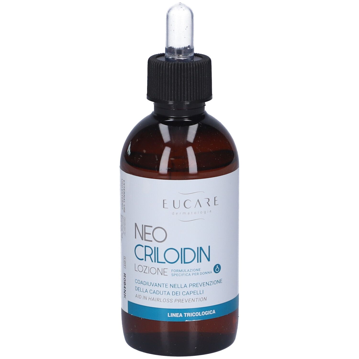 Flacone di vetro marrone con tappo nero e pipetta. Etichetta con nome del prodotto e linea blu. Marchio: Eucare.