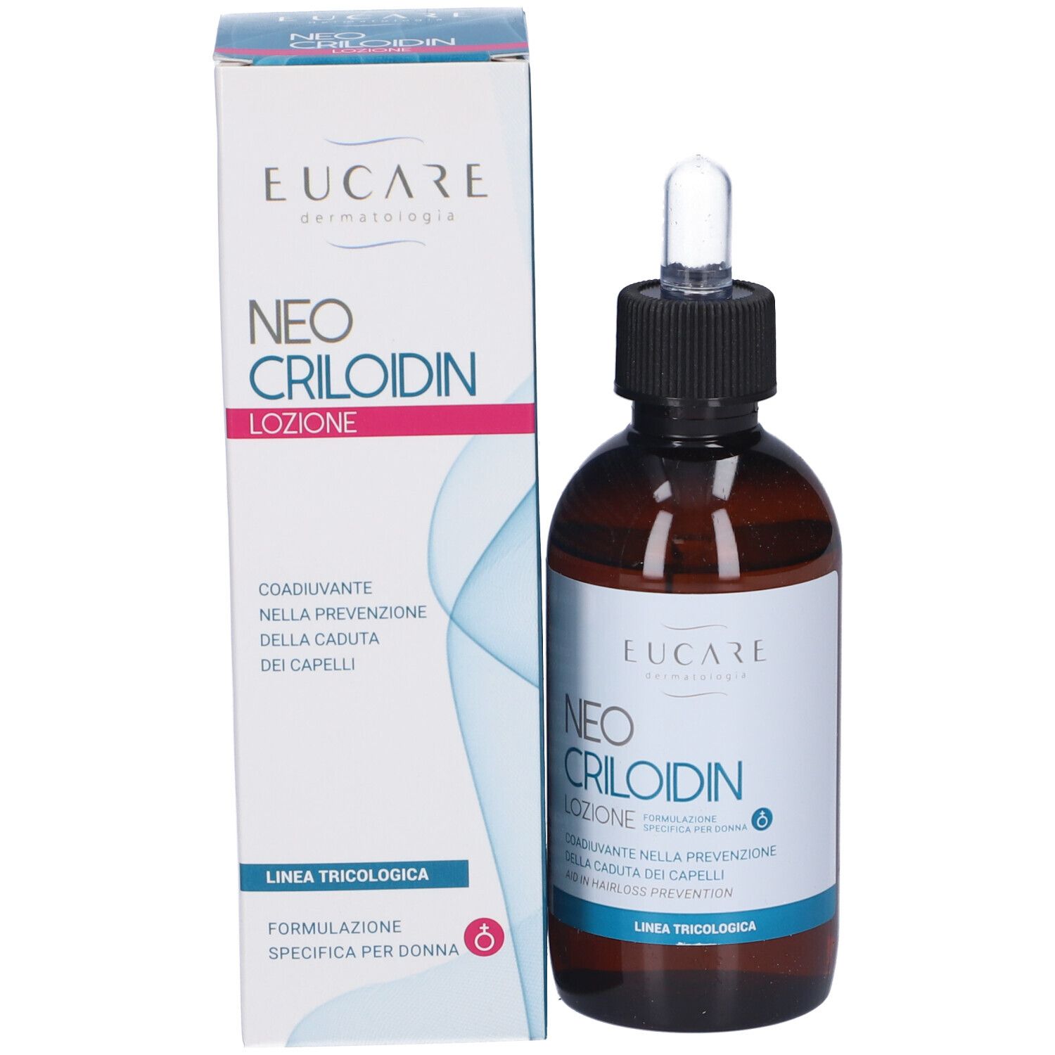 Flacone e confezione del prodotto. Flacone marrone con tappo nero e pipetta. Confezione con nome del prodotto. Marchio: Eucare.