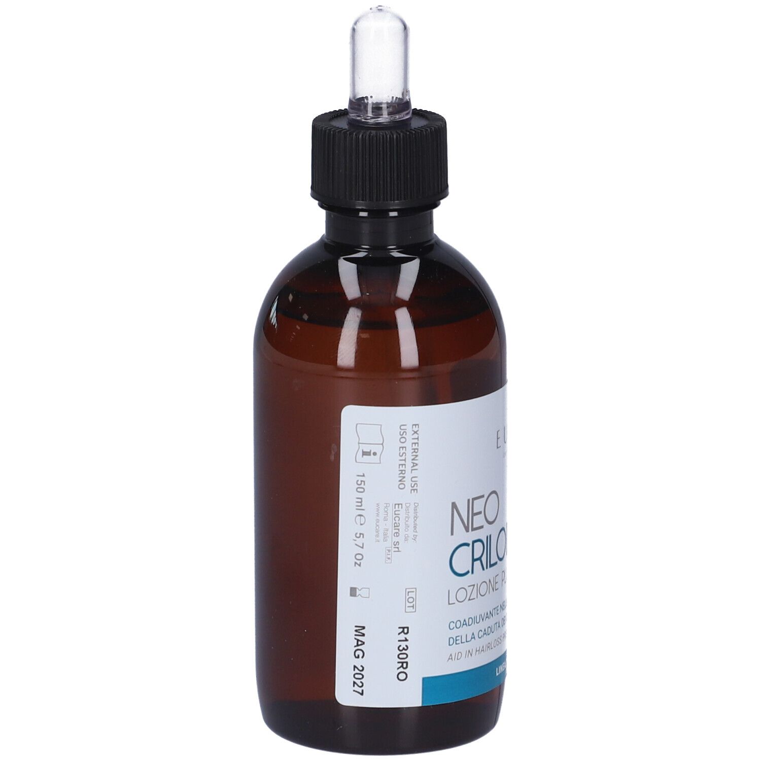 Flacone di vetro marrone con tappo nero e pipetta. Etichetta con informazioni sul prodotto. Marca: Eucare.