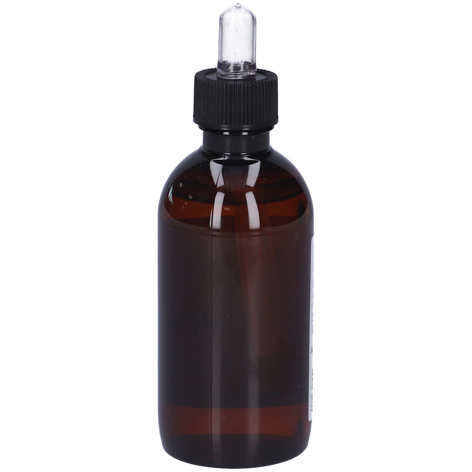 Flacone di vetro marrone con tappo nero e pipetta. Nessuna etichetta visibile.