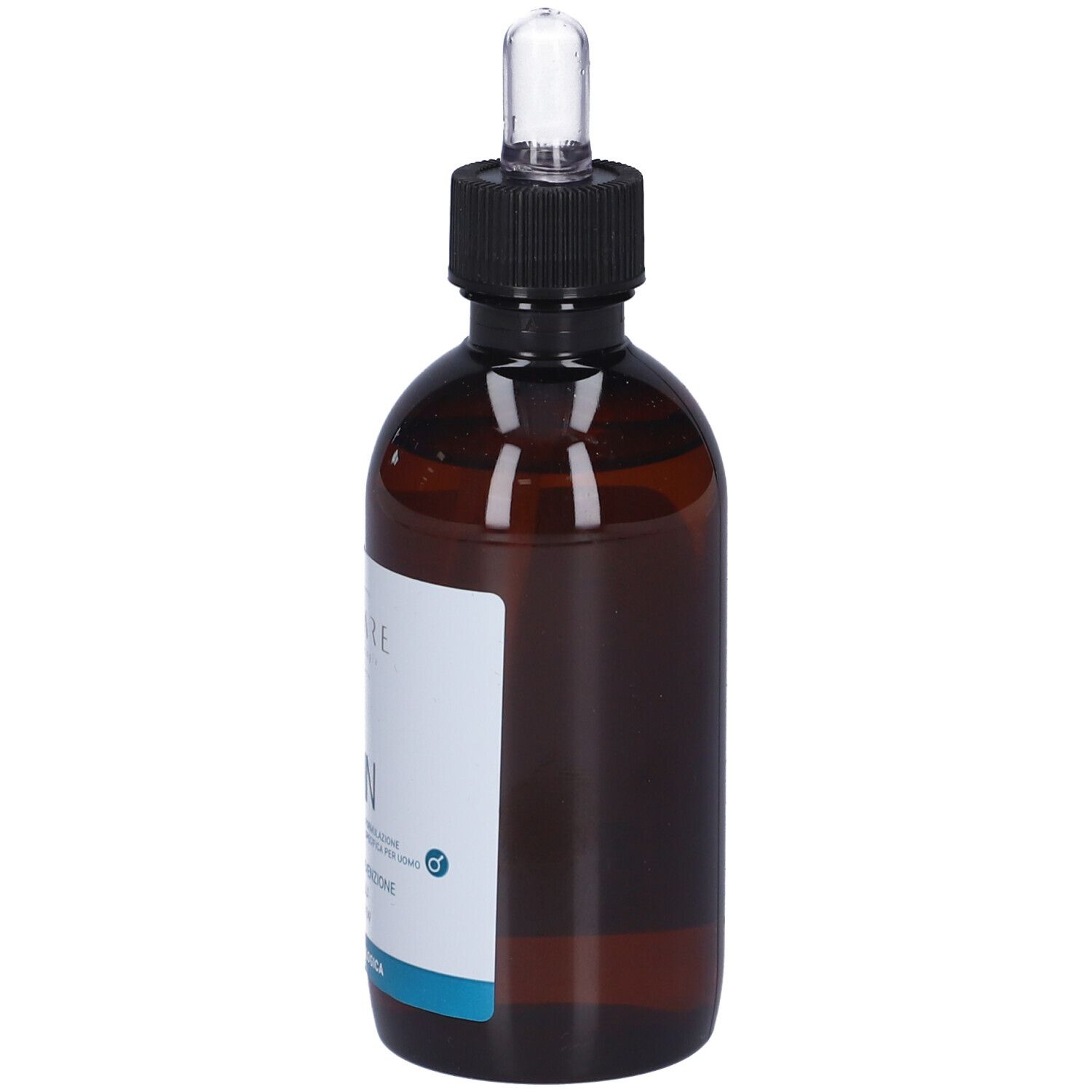 Flacone di vetro marrone con tappo nero e pipetta. Etichetta con nome del prodotto e testo. Marca: Eucare.