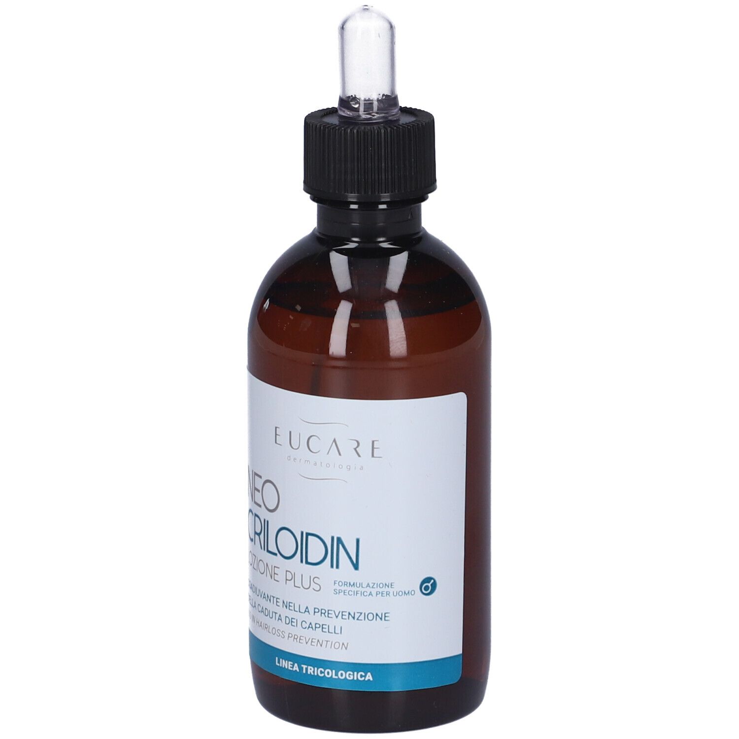 Flacone di vetro marrone con tappo nero e pipetta. Etichetta con nome del prodotto e testo. Marca: Eucare.