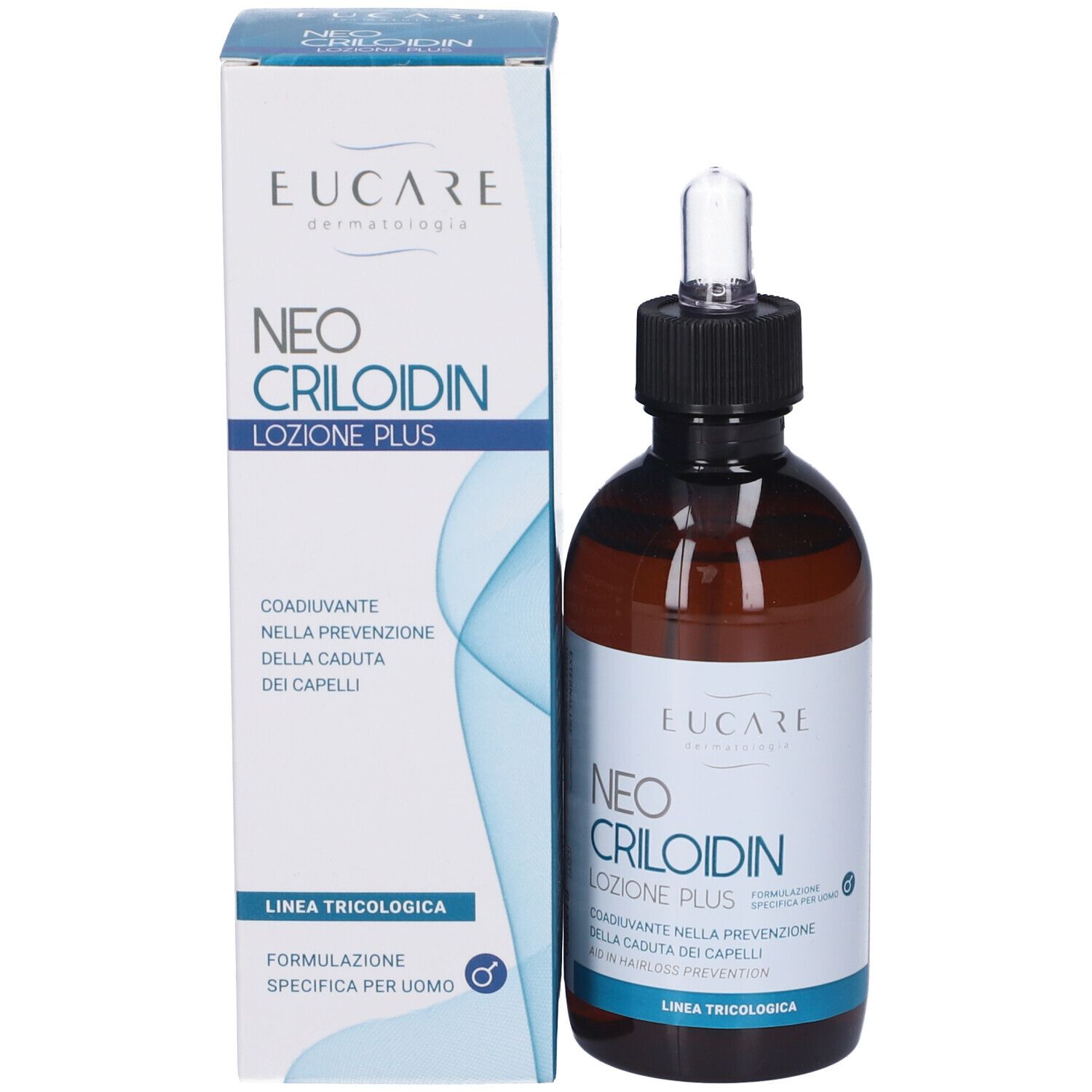 Flacone e confezione del prodotto. Flacone marrone con tappo nero e pipetta. Confezione con nome del prodotto. Marca: Eucare.