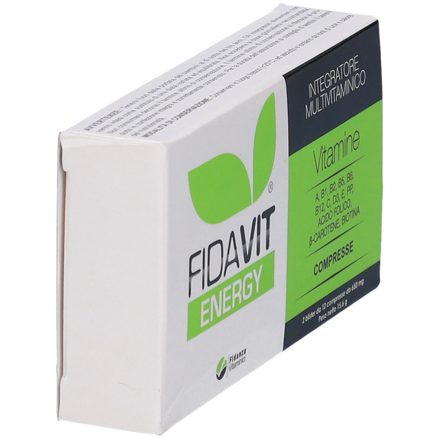 Confezione Fidavit Energy, angolata. Scatola verde e bianca con logo e informazioni. Contiene vitamine.