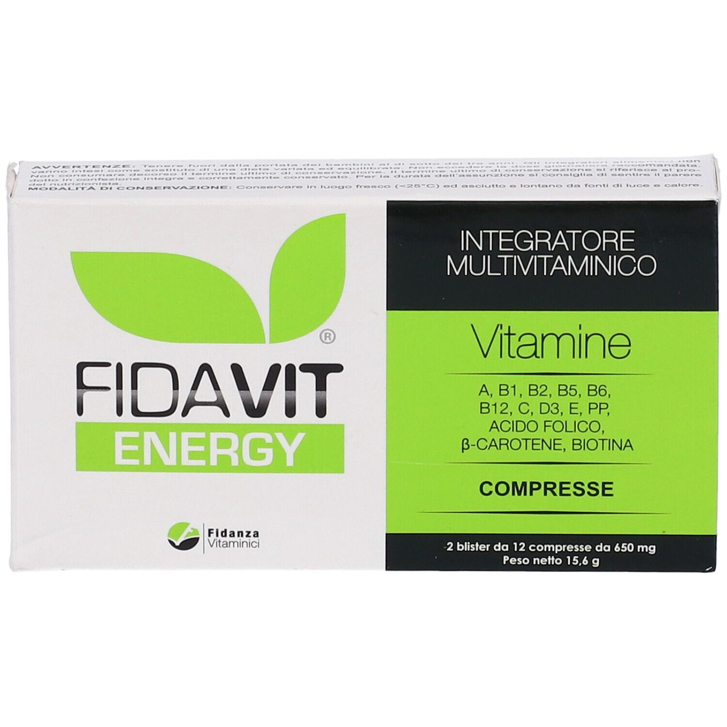 Confezione Fidavit Energy. Scatola verde e bianca con logo e informazioni. Contiene multivitamine.