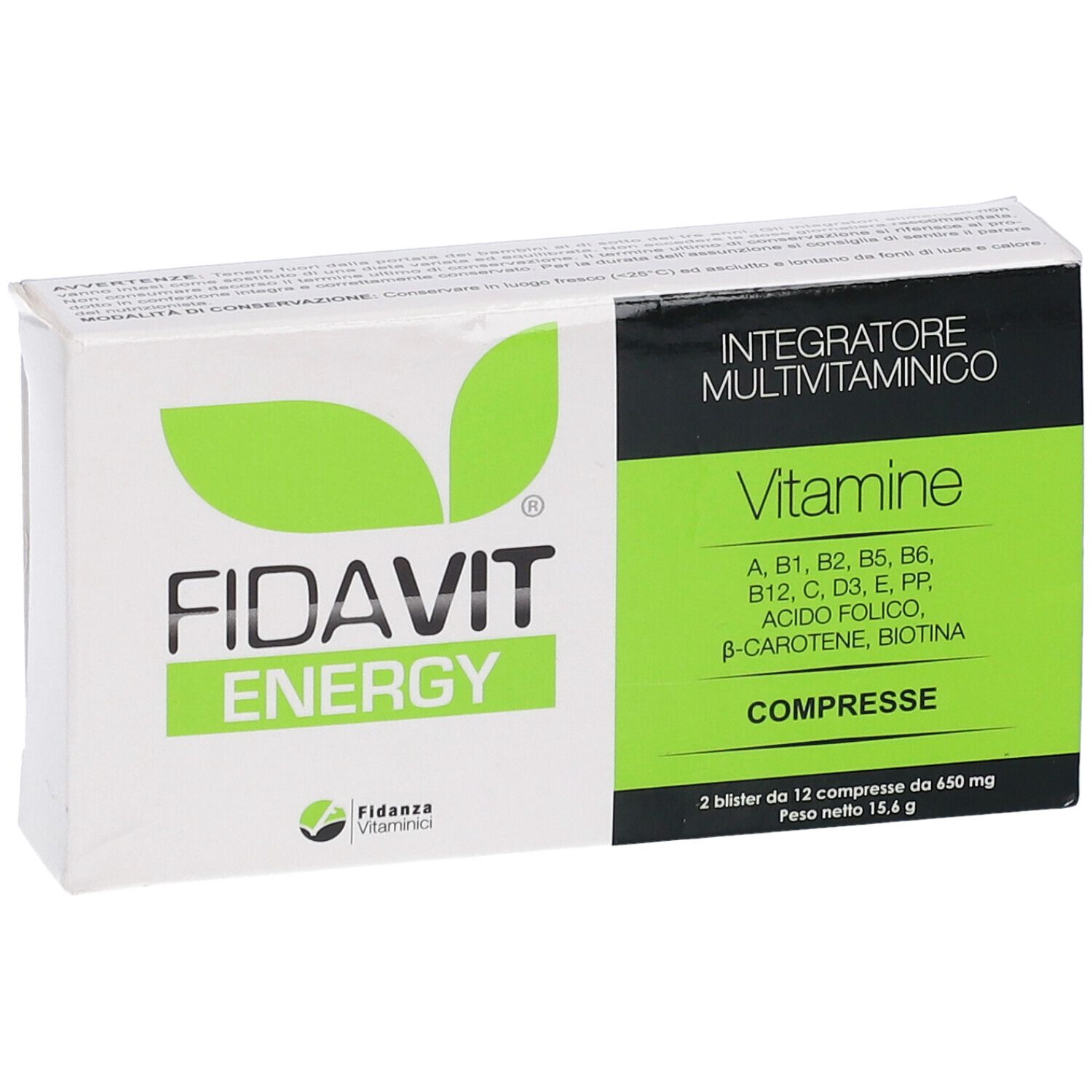 Confezione Fidavit Energy. Scatola verde e bianca con logo e informazioni. Contiene multivitamine.