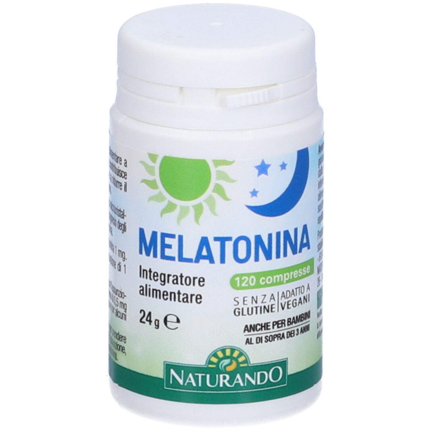 Flacone bianco con Melatonina 120 compresse. Scritta: Integratore alimentare. Marca: Naturando.