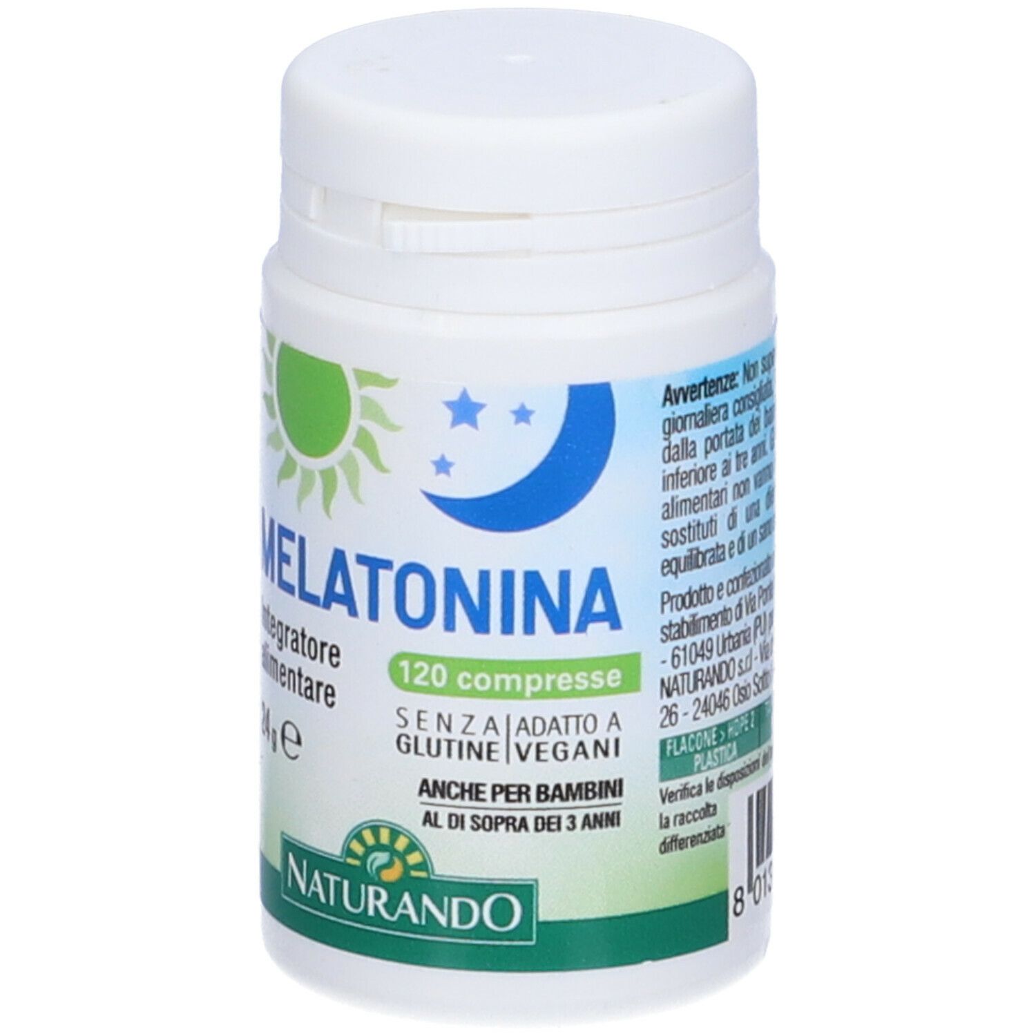 Flacone bianco con Melatonina 120 compresse. Scritta: Integratore alimentare. Marca: Naturando.