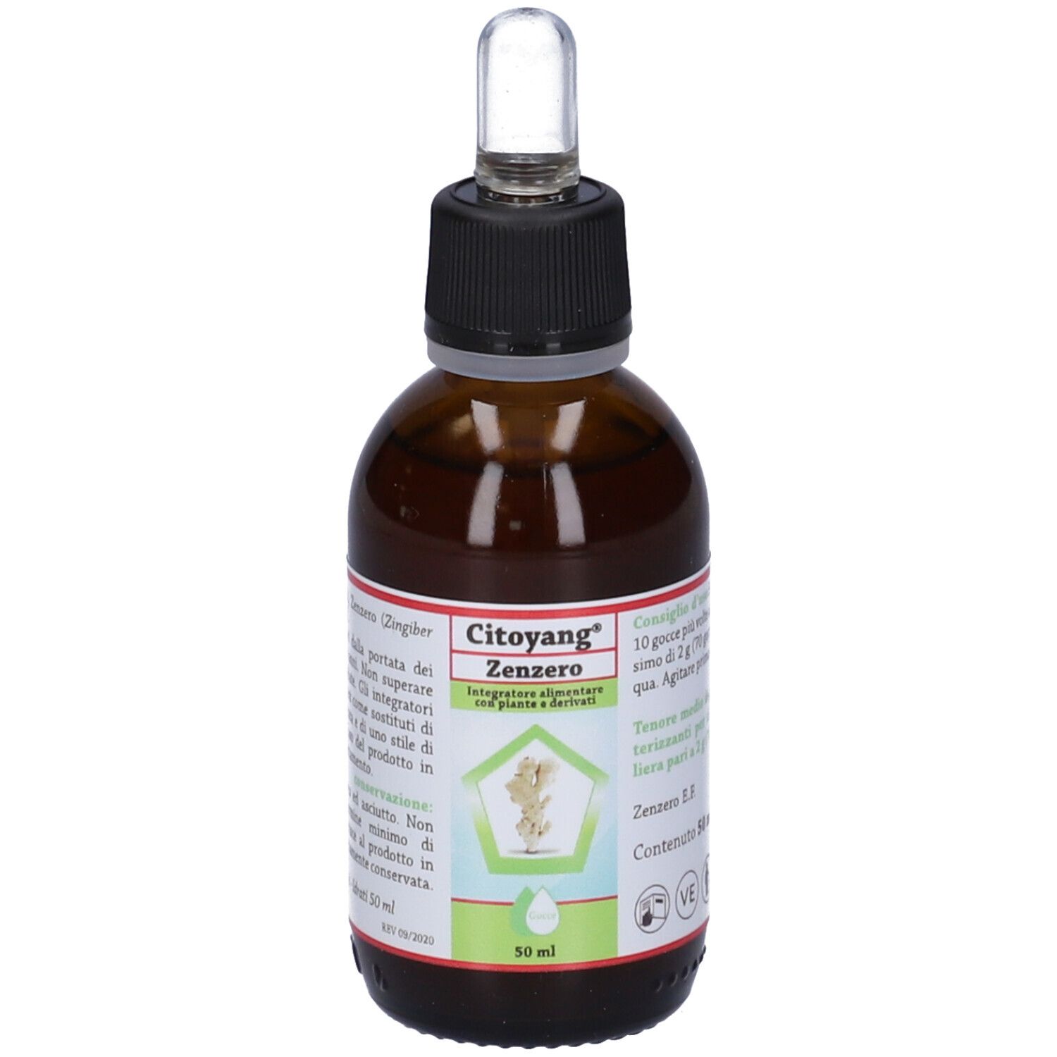 Citoyang Zenzero Gocce Flaconcino 50 ml. Flacone di vetro marrone con contagocce. Nome del prodotto e logo visibili.