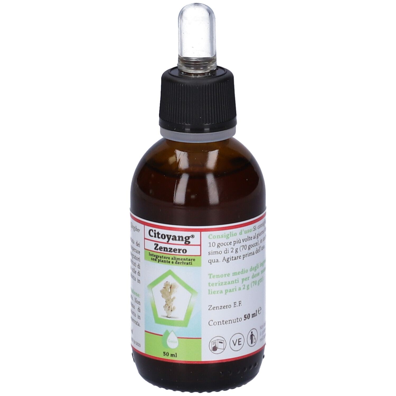 Citoyang Zenzero Gocce Flaconcino 50 ml. Flacone di vetro marrone con contagocce. Nome del prodotto e logo visibili.