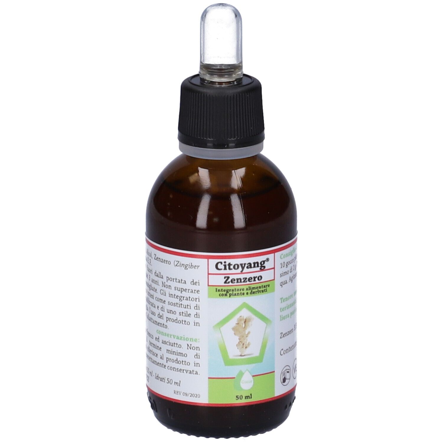 Citoyang Zenzero Gocce Flaconcino 50 ml. Flacone di vetro marrone con contagocce. Nome del prodotto e logo visibili.