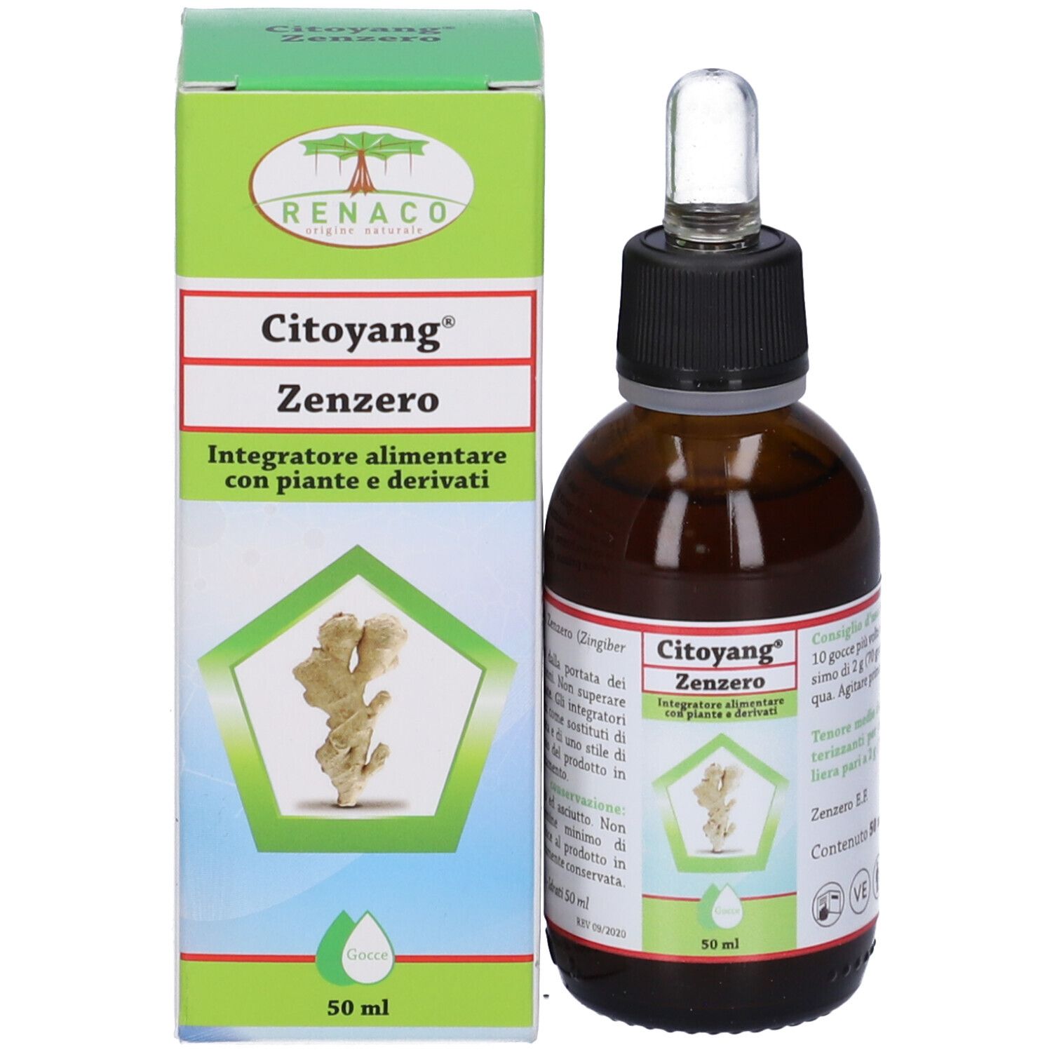 Citoyang Zenzero Gocce Flaconcino 50 ml. Flacone di vetro marrone con contagocce e scatola. Nome del prodotto e logo visibili.