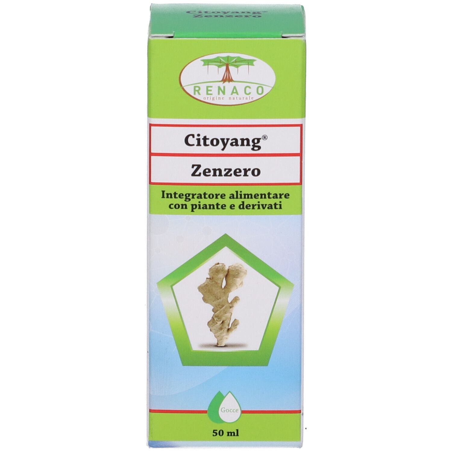 Citoyang Zenzero Gocce Flaconcino 50 ml. Confezione del prodotto. Nome e logo visibili.