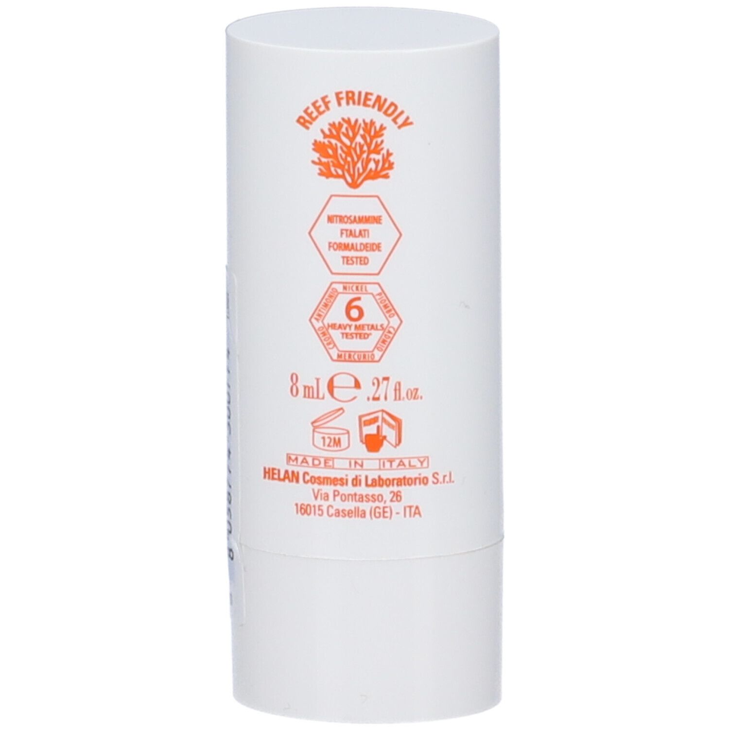 Stick bianco, retro. Scritte: Reef Friendly, 6 Heavy Metals Tested, 8 ml. Prodotto in Italia.