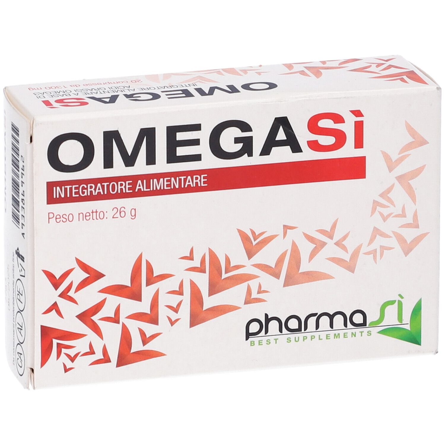Scatola bianca con fascia rossa e scritta OMEGASi. Scritta: Integratore Alimentare. Logo: Pharma Si.