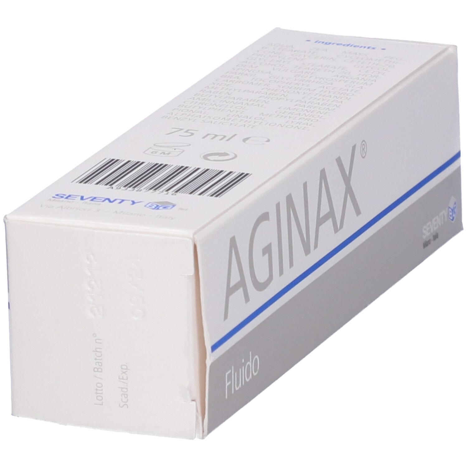 Confezione Aginax Fluido. Scatola bianca con linea blu e scritta Aginax. 75 ml e codice a barre.