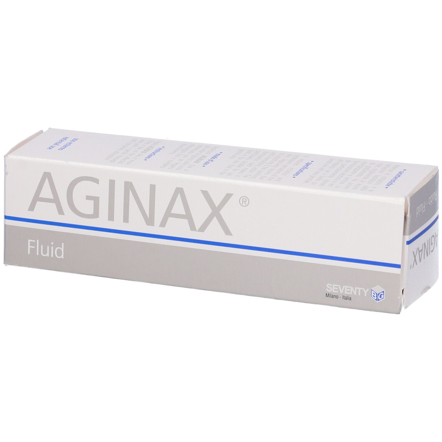 Confezione Aginax Fluido. Scatola bianca con linea blu e scritta Aginax. Vista dall'alto.