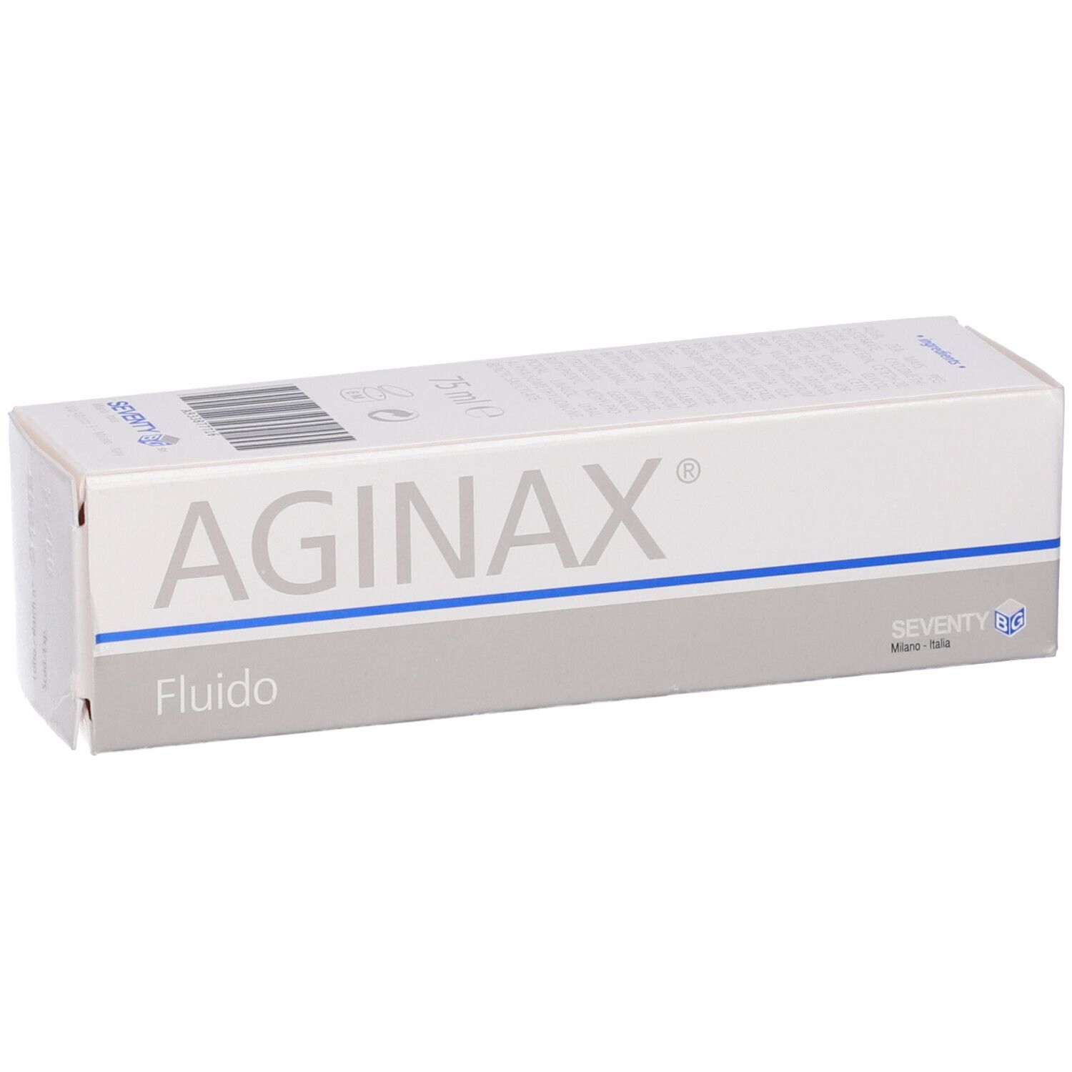 Confezione Aginax Fluido. Scatola bianca con linea blu e scritta Aginax. Vista dall'alto.