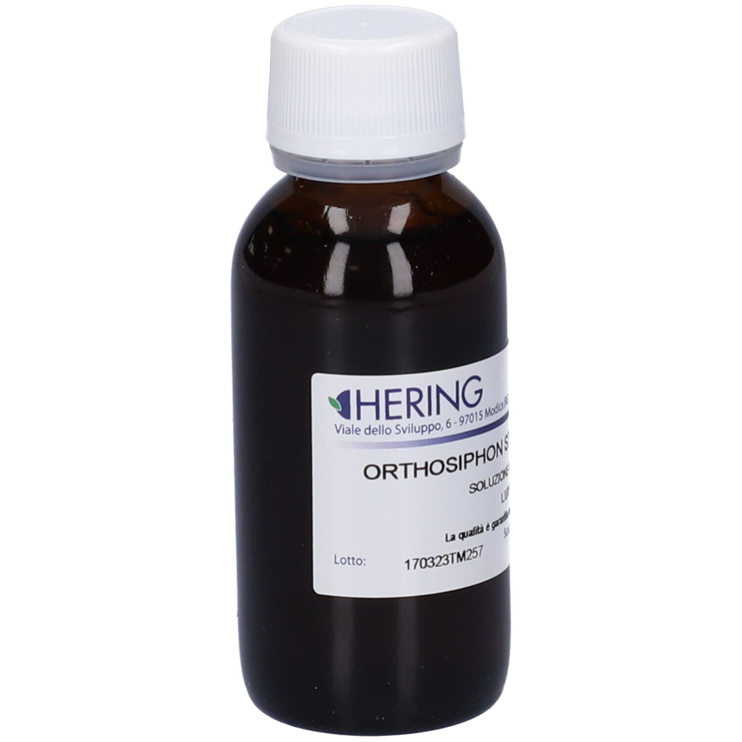 Flacone di vetro marrone con tappo bianco ed etichetta. Scritta: Orthosiphon stamineus, soluzione. Marchio HERING.