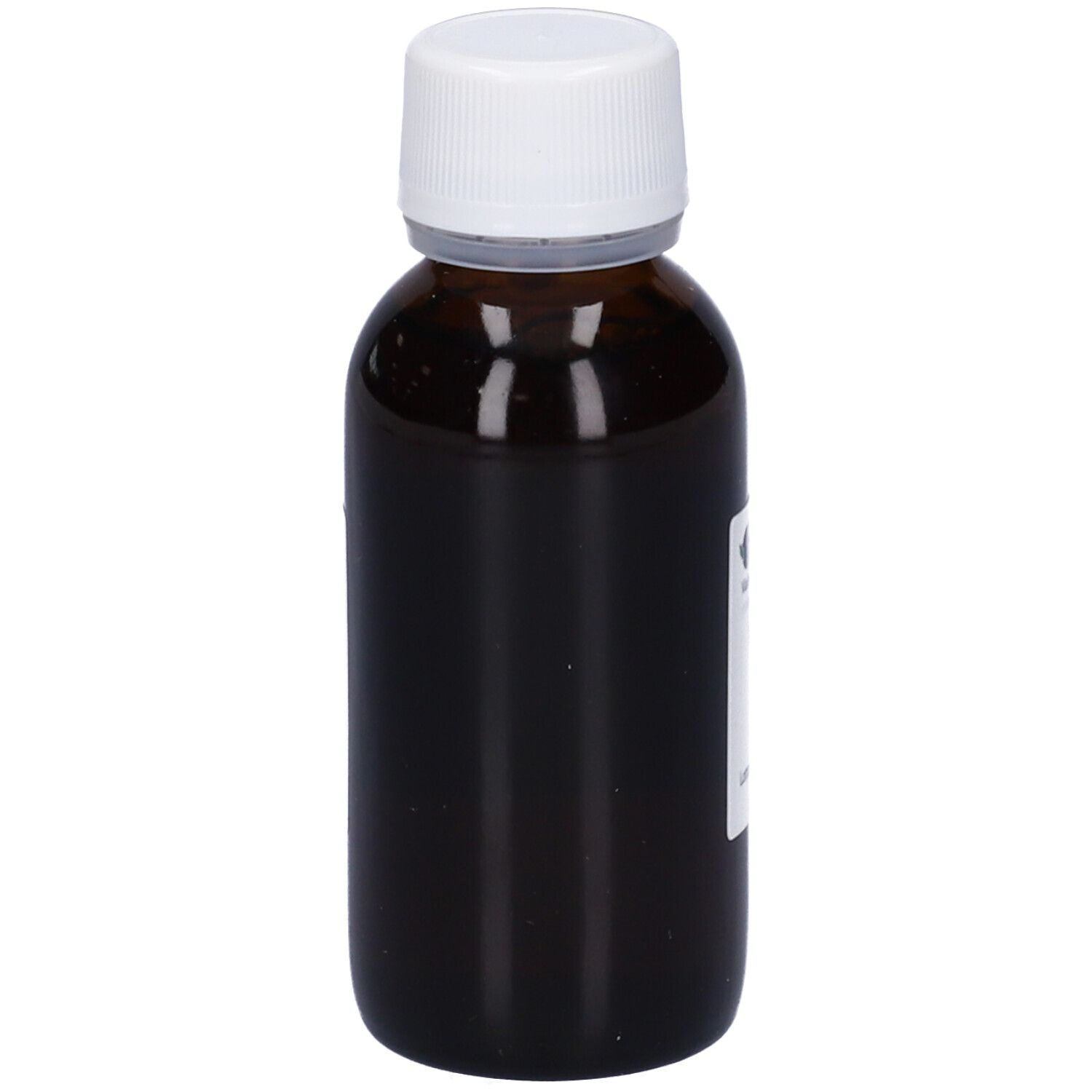 Flacone di vetro marrone con tappo bianco. Etichetta non completamente visibile. Contiene liquido scuro.