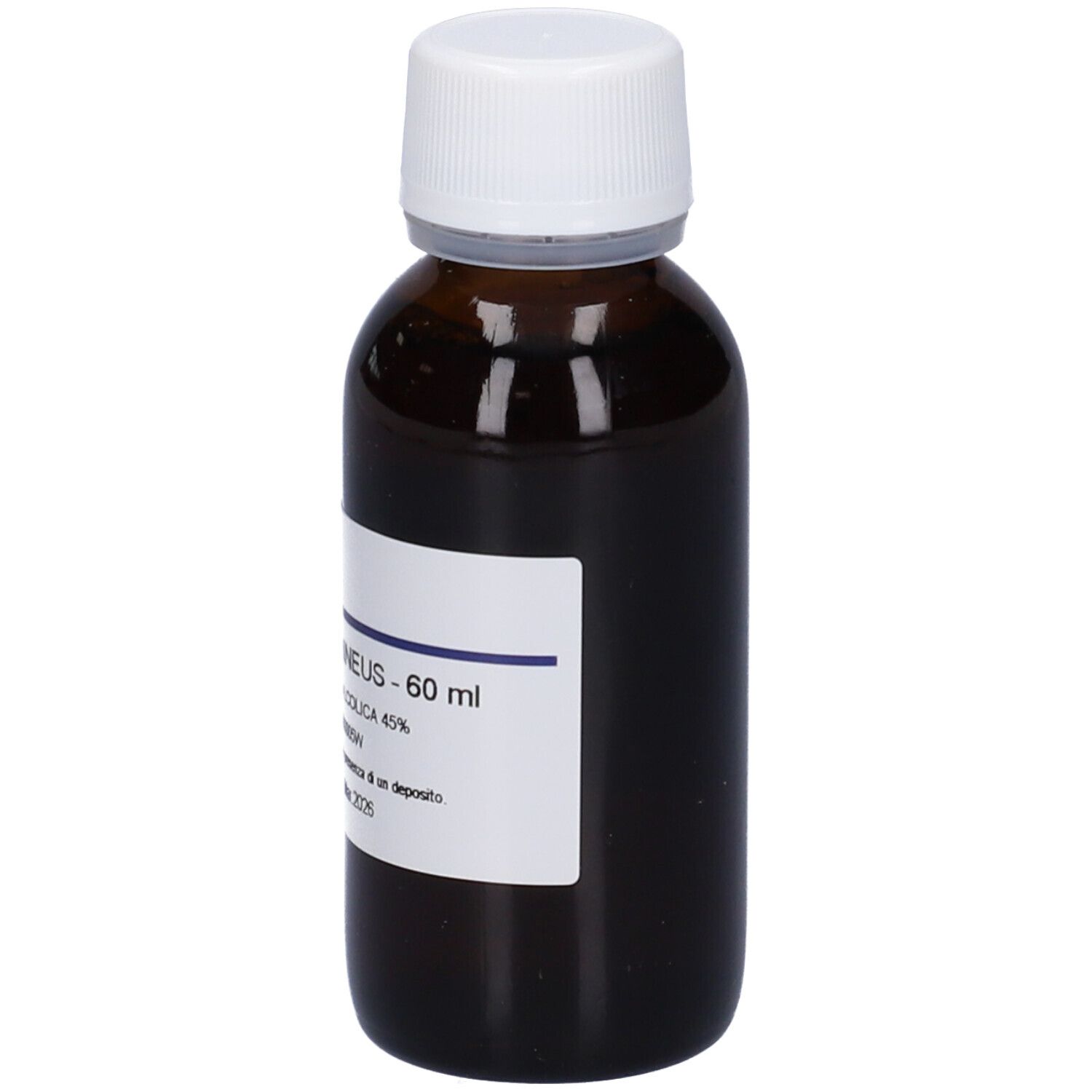 Flacone di vetro marrone con tappo bianco ed etichetta. Scritta: Orthosiphon stamineus, 60 ml, soluzione.