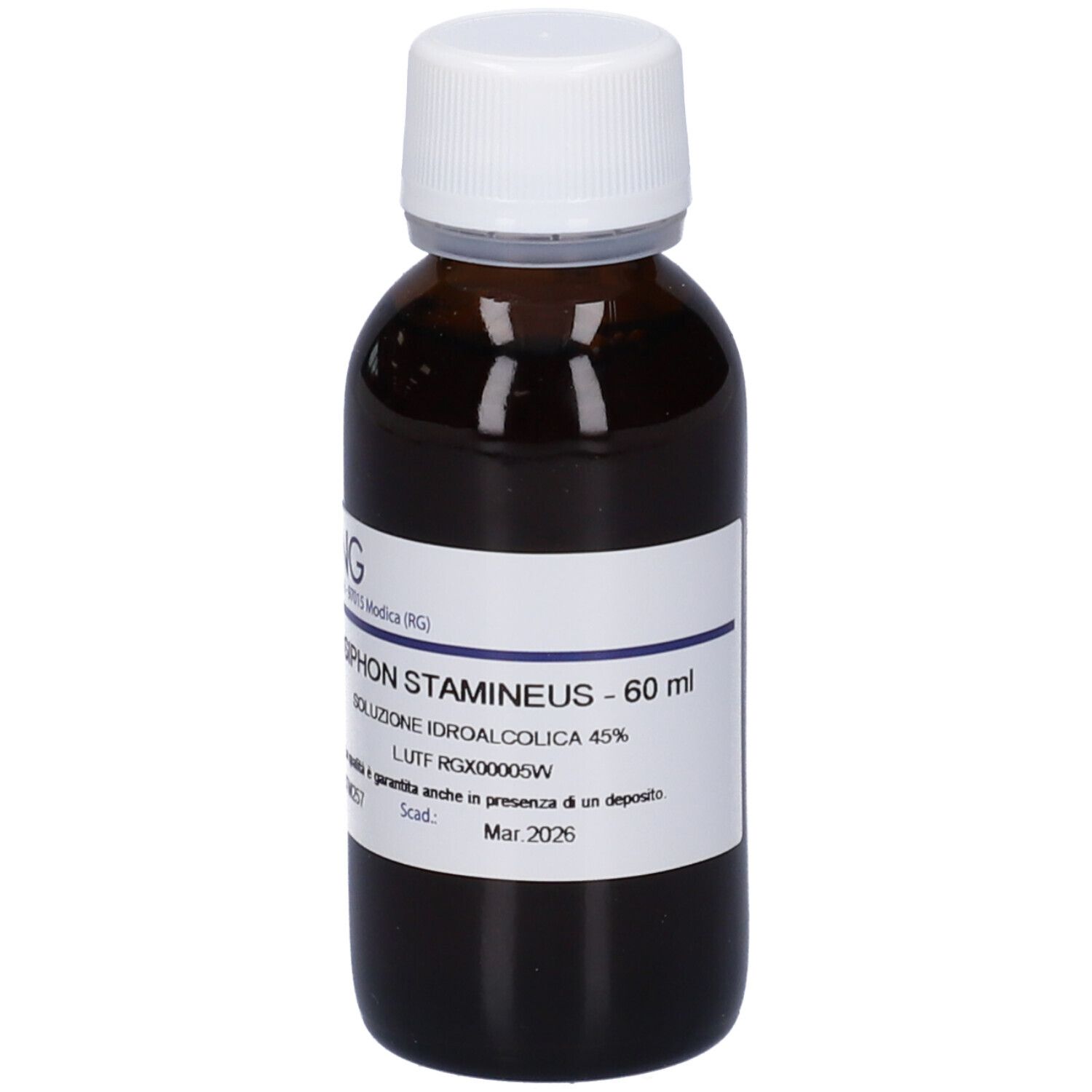 Flacone di vetro marrone con tappo bianco ed etichetta. Scritta: Orthosiphon stamineus, 60 ml, soluzione.