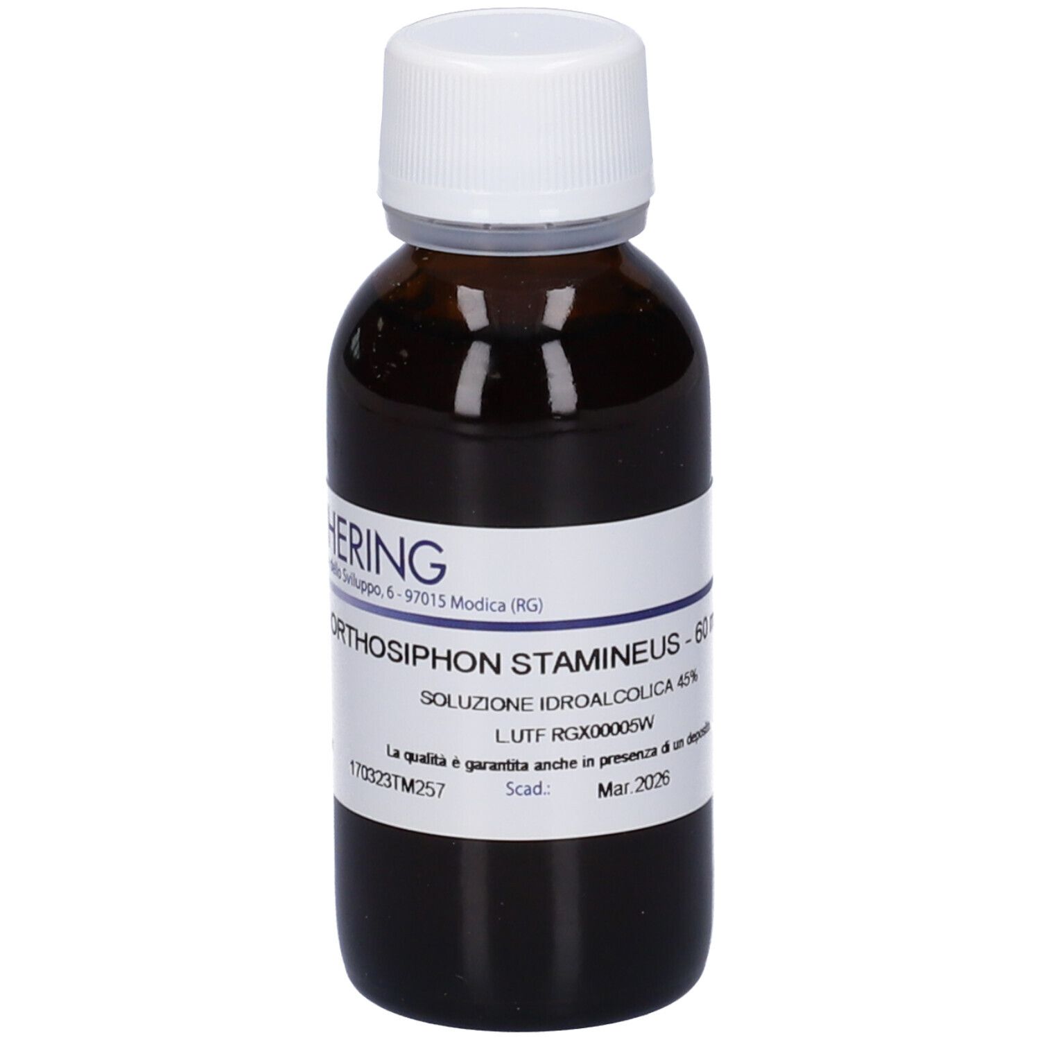 Flacone di vetro marrone con tappo bianco ed etichetta. Scritta: Orthosiphon stamineus, 60 ml, soluzione. Marchio HERING.