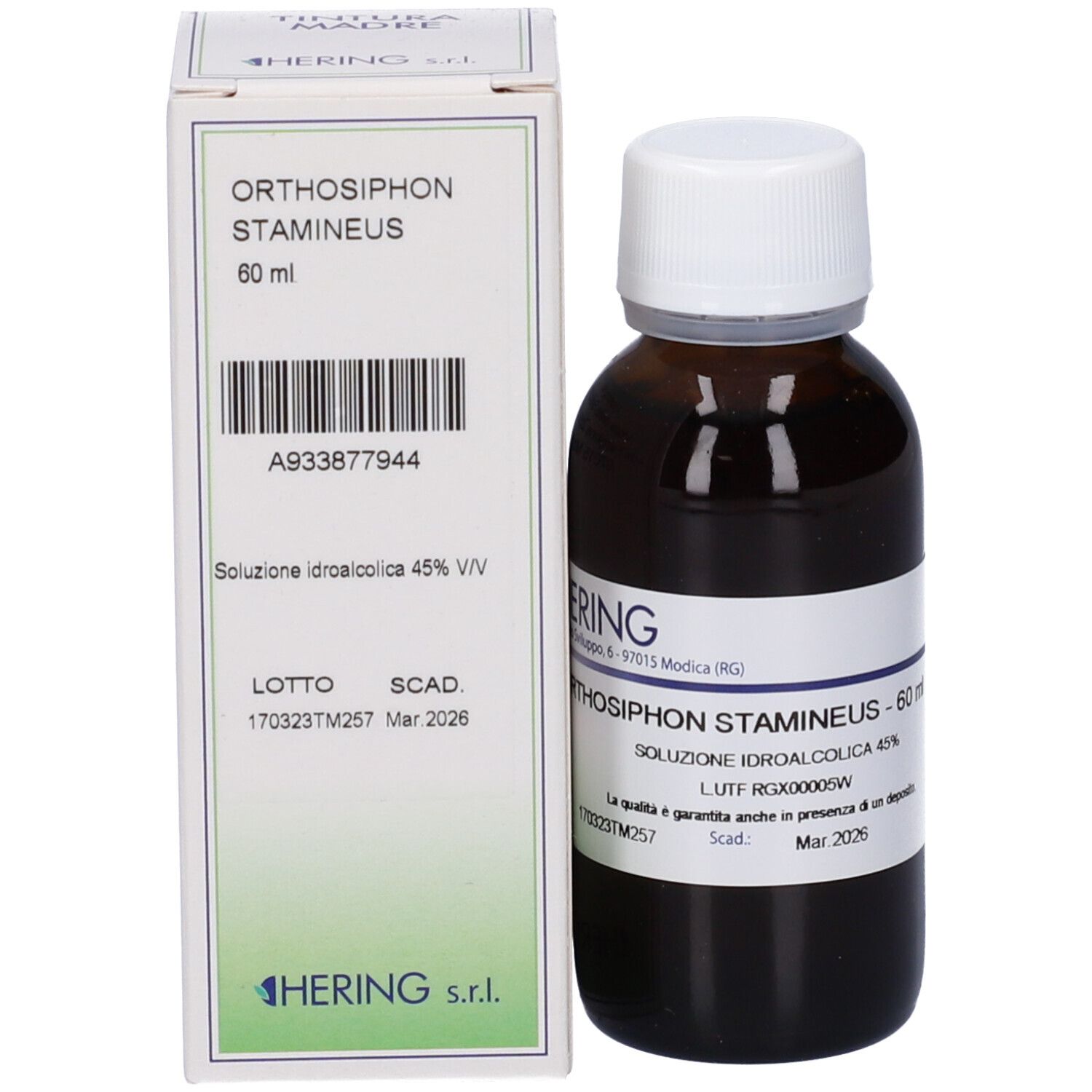Flacone di vetro marrone con tappo bianco e scatola. Scritta: Orthosiphon stamineus, 60 ml. Marchio HERING.