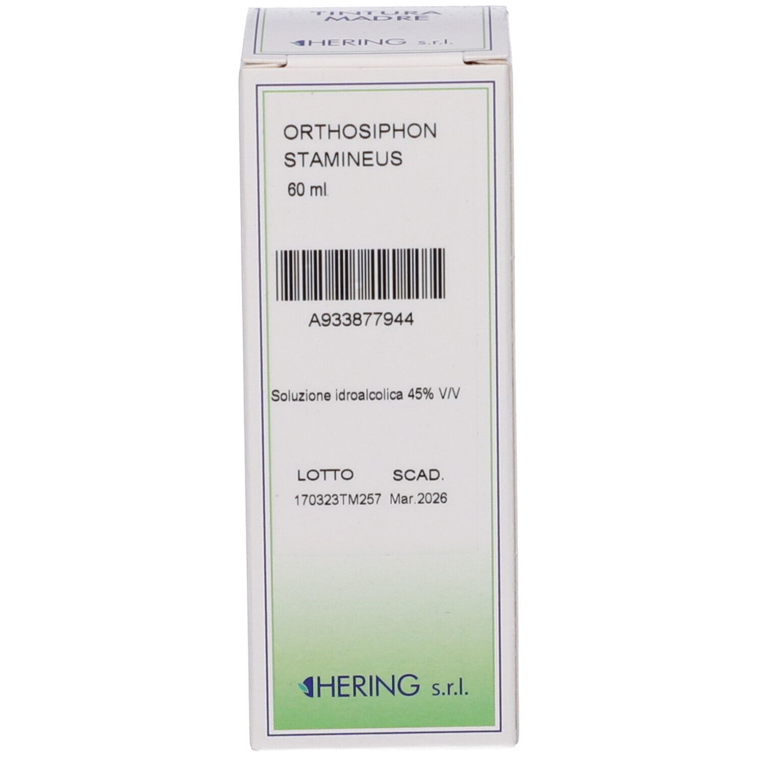 Scatola con scritta: Orthosiphon stamineus, 60 ml. Marchio HERING. Codice a barre e altre informazioni.