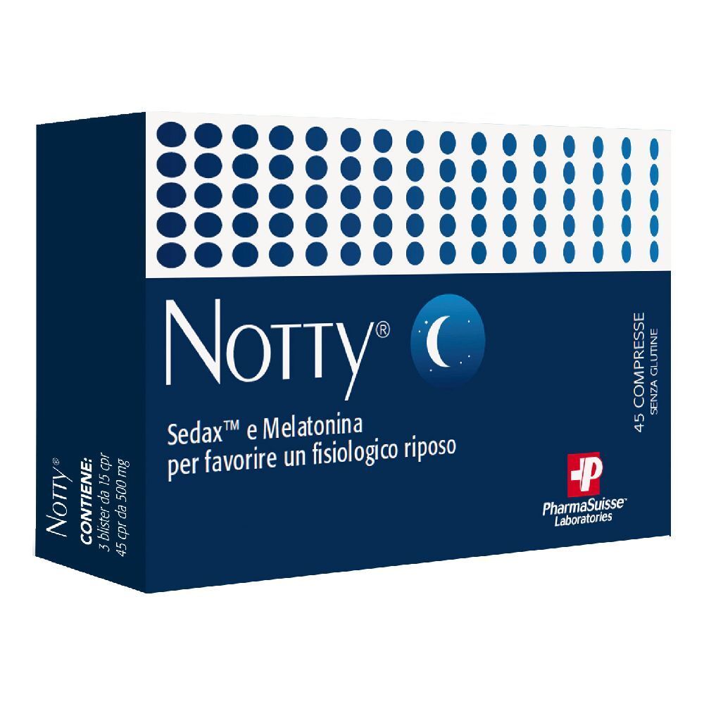 Scatola blu scuro con motivo a punti bianchi. Scritta "Notty" e "Sedax e Melatonina". 45 compresse, senza glutine.