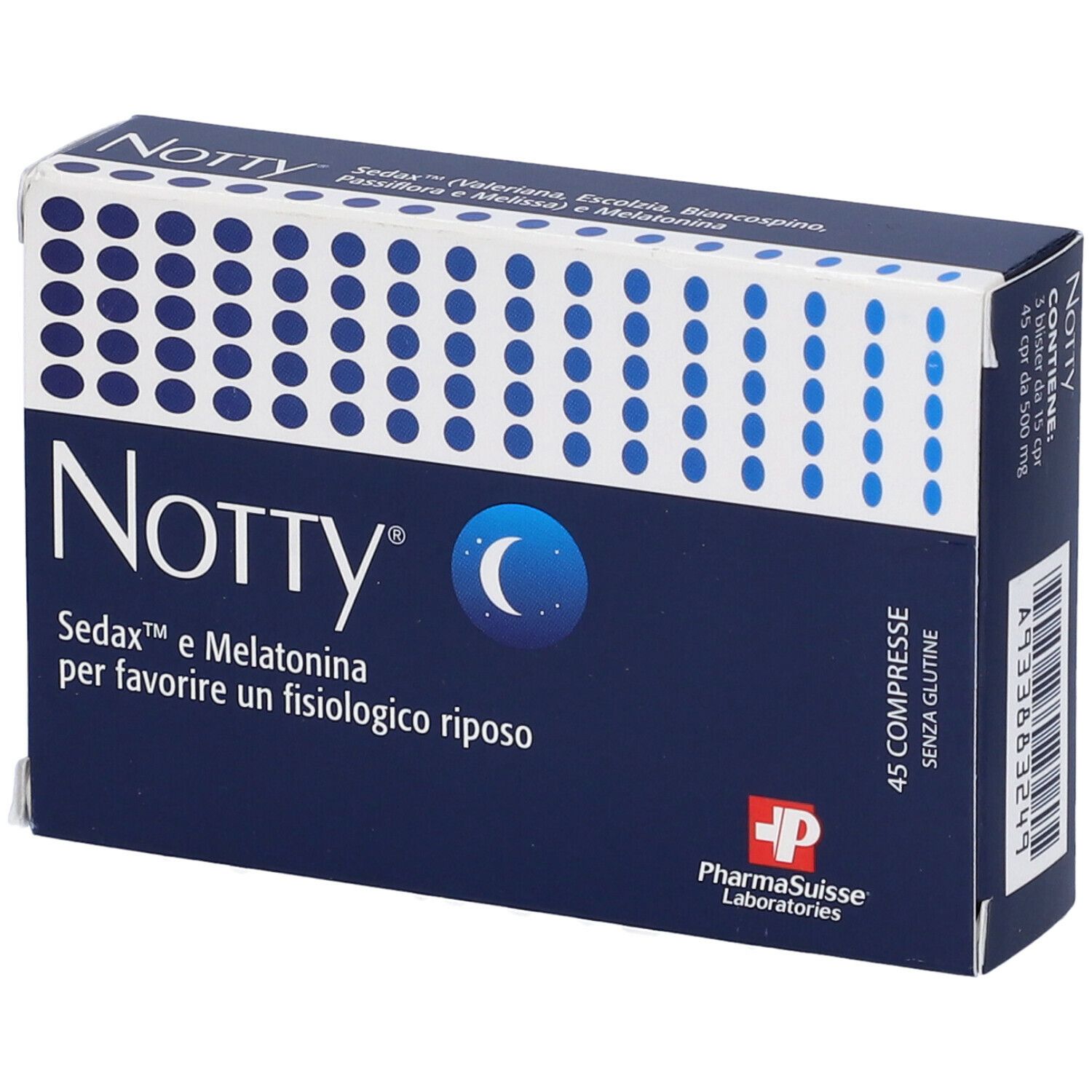 Scatola blu scuro con motivo a punti bianchi. Scritta "Notty" e "Sedax e Melatonina". 45 compresse, senza glutine.