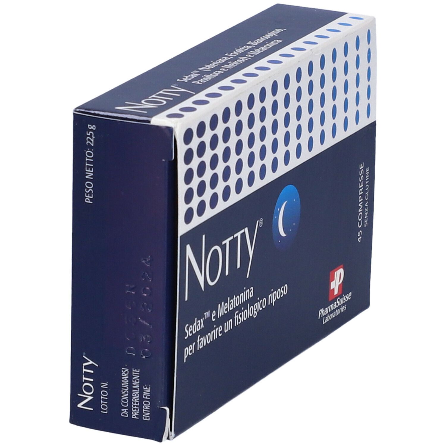 Scatola blu scuro con motivo a punti bianchi. Scritta "Notty" e "Sedax e Melatonina". 45 compresse, senza glutine.