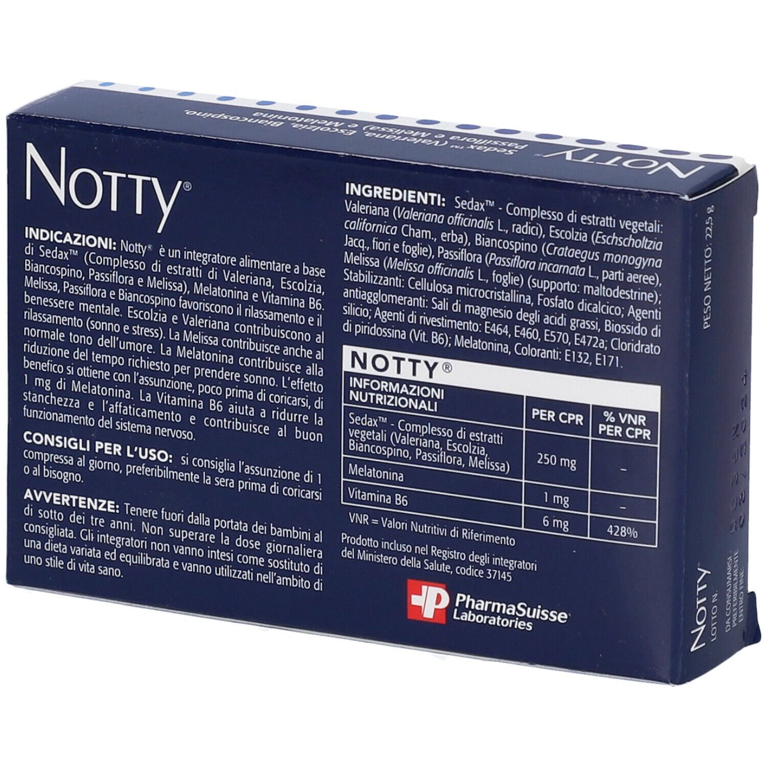 Retro della scatola blu scuro. Contiene informazioni sugli ingredienti, i valori nutrizionali e il produttore. Testo in italiano.