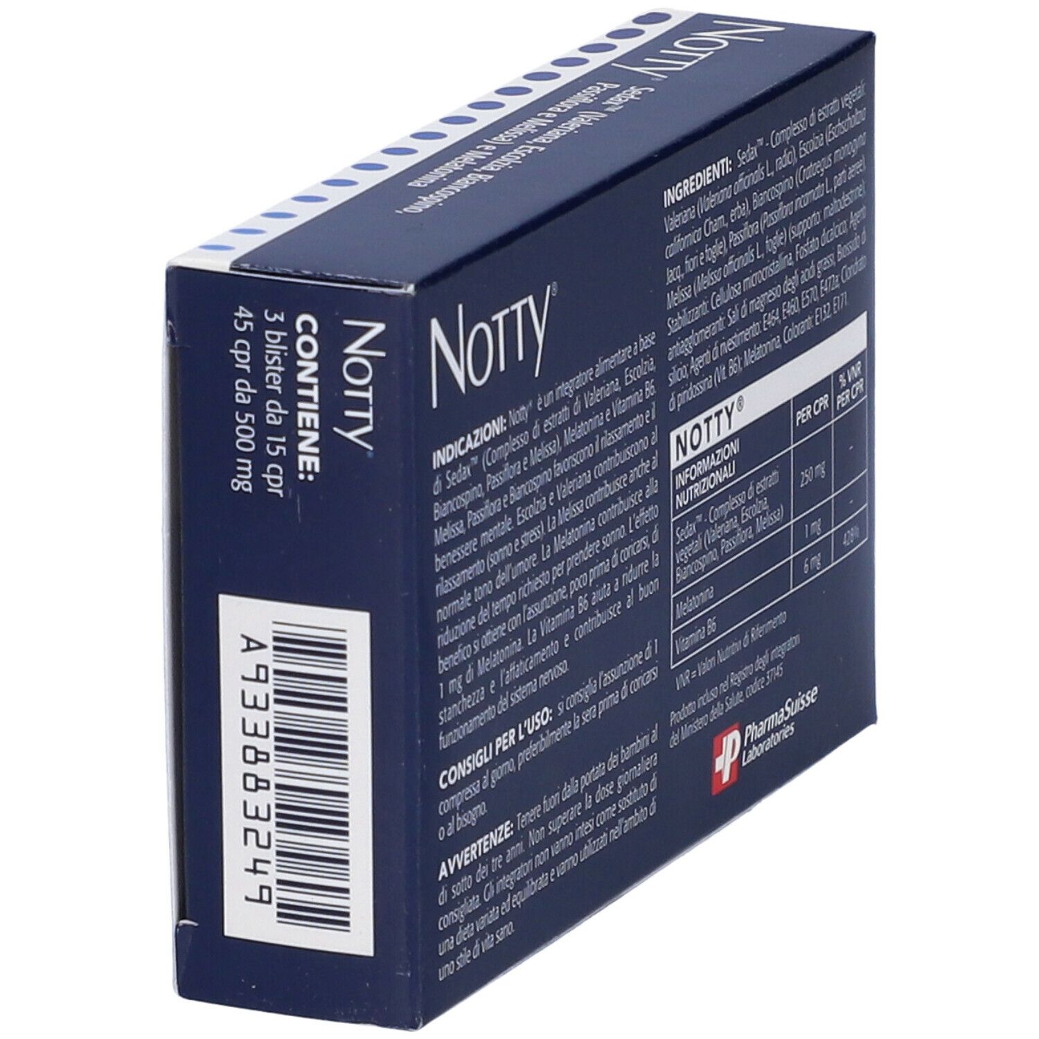 Scatola blu scuro con motivo a punti bianchi. Scritta "Notty" e "Sedax e Melatonina". 45 compresse, senza glutine.