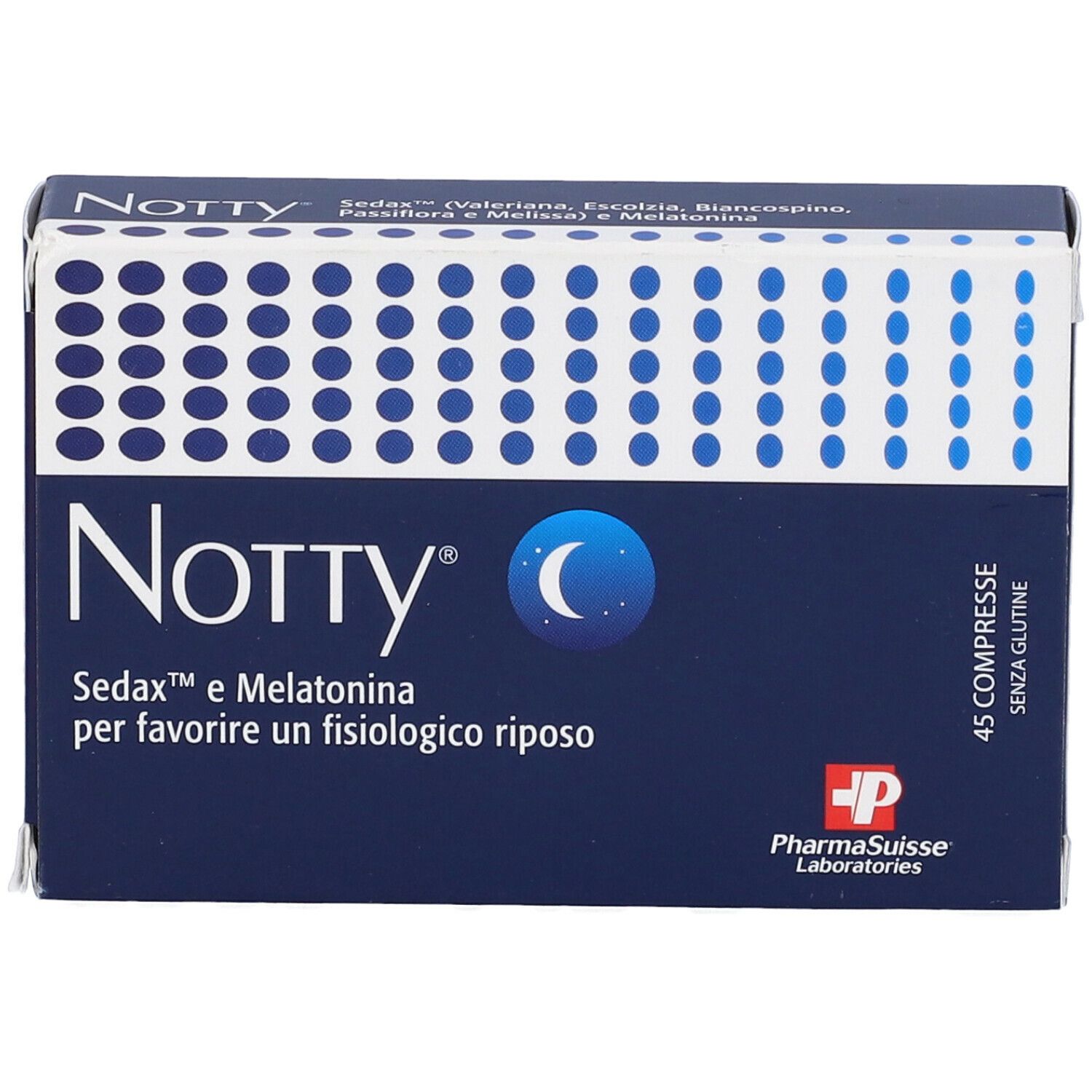 Scatola blu scuro con motivo a punti bianchi. Scritta "Notty" e "Sedax e Melatonina". 45 compresse, senza glutine.