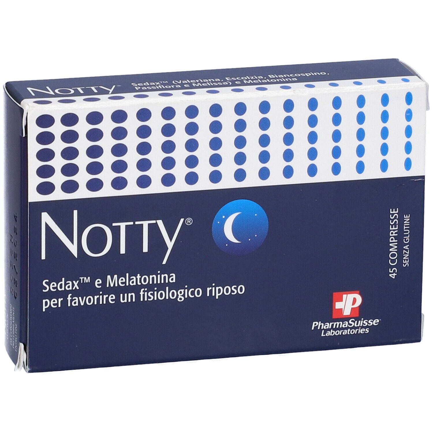 Scatola blu scuro con motivo a punti bianchi. Scritta "Notty" e "Sedax e Melatonina". 45 compresse, senza glutine.